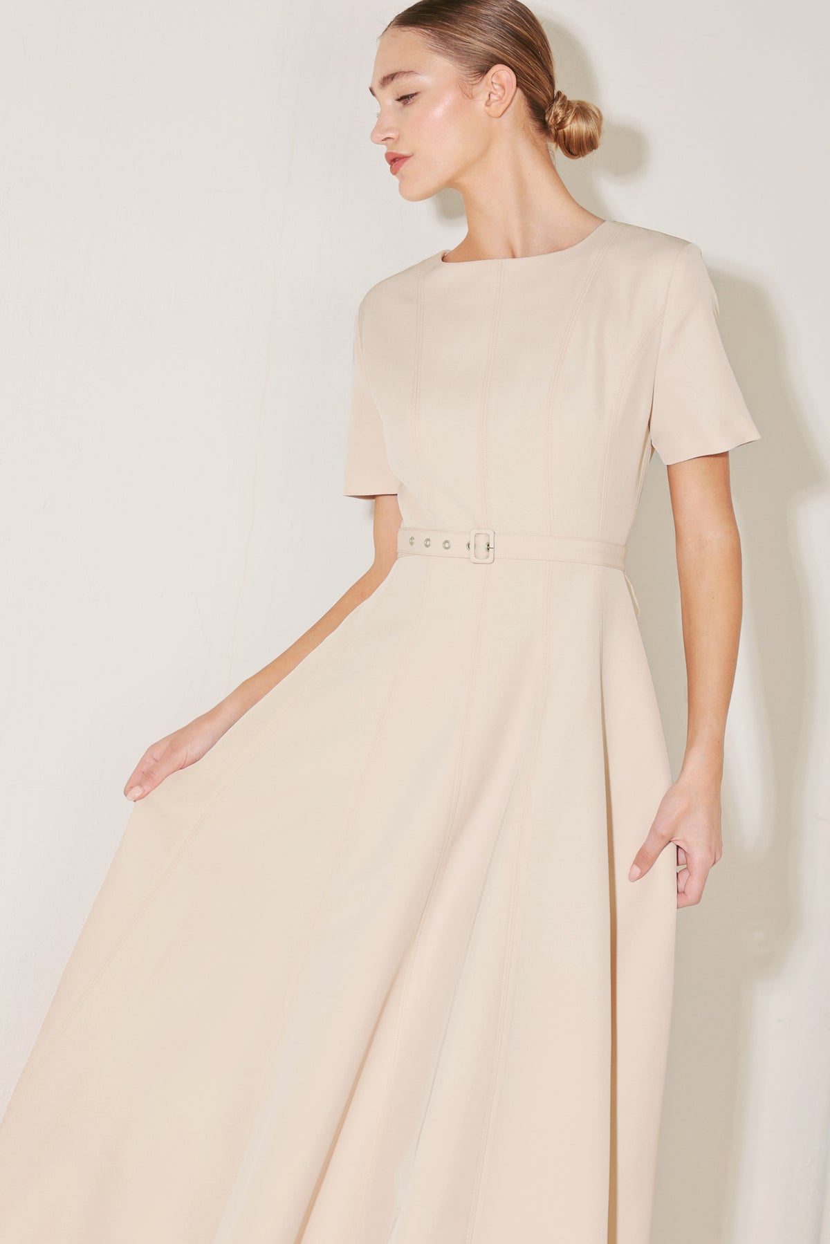 Light Beige Round Neck Midi Length Woven Casual Dress with Belt Detail Flying Tomato FD1978