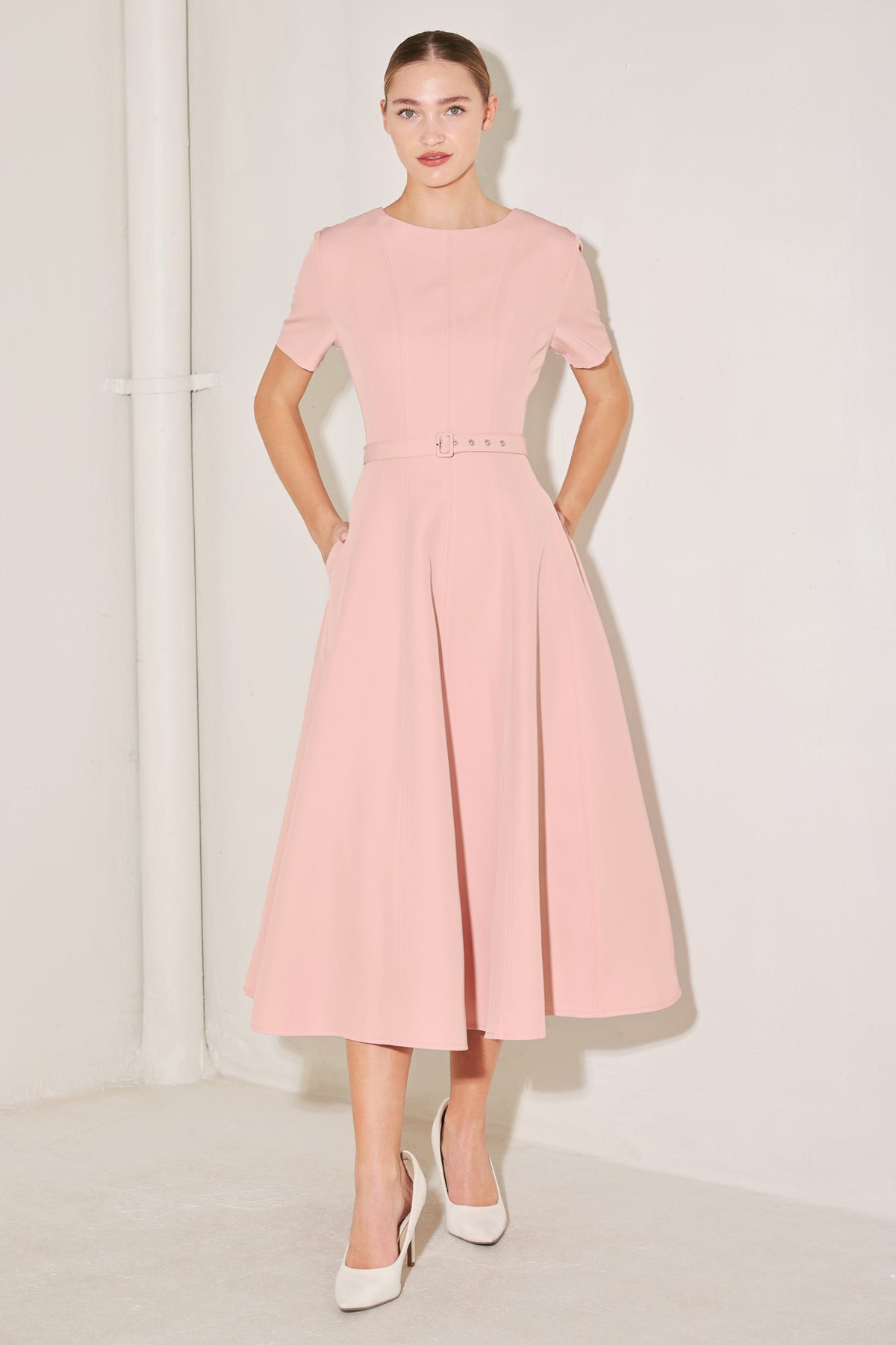 Pink Round Neck Midi Length Woven Casual Dress with Belt Detail Flying Tomato FD1978