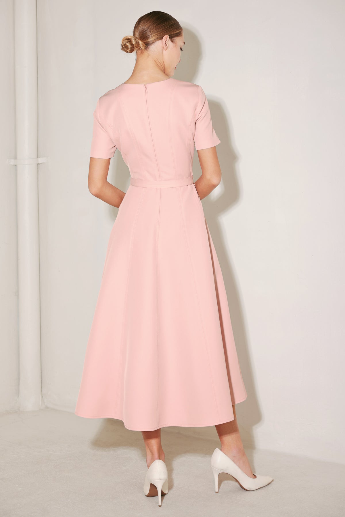 Pink Round Neck Midi Length Woven Casual Dress with Belt Detail Flying Tomato FD1978