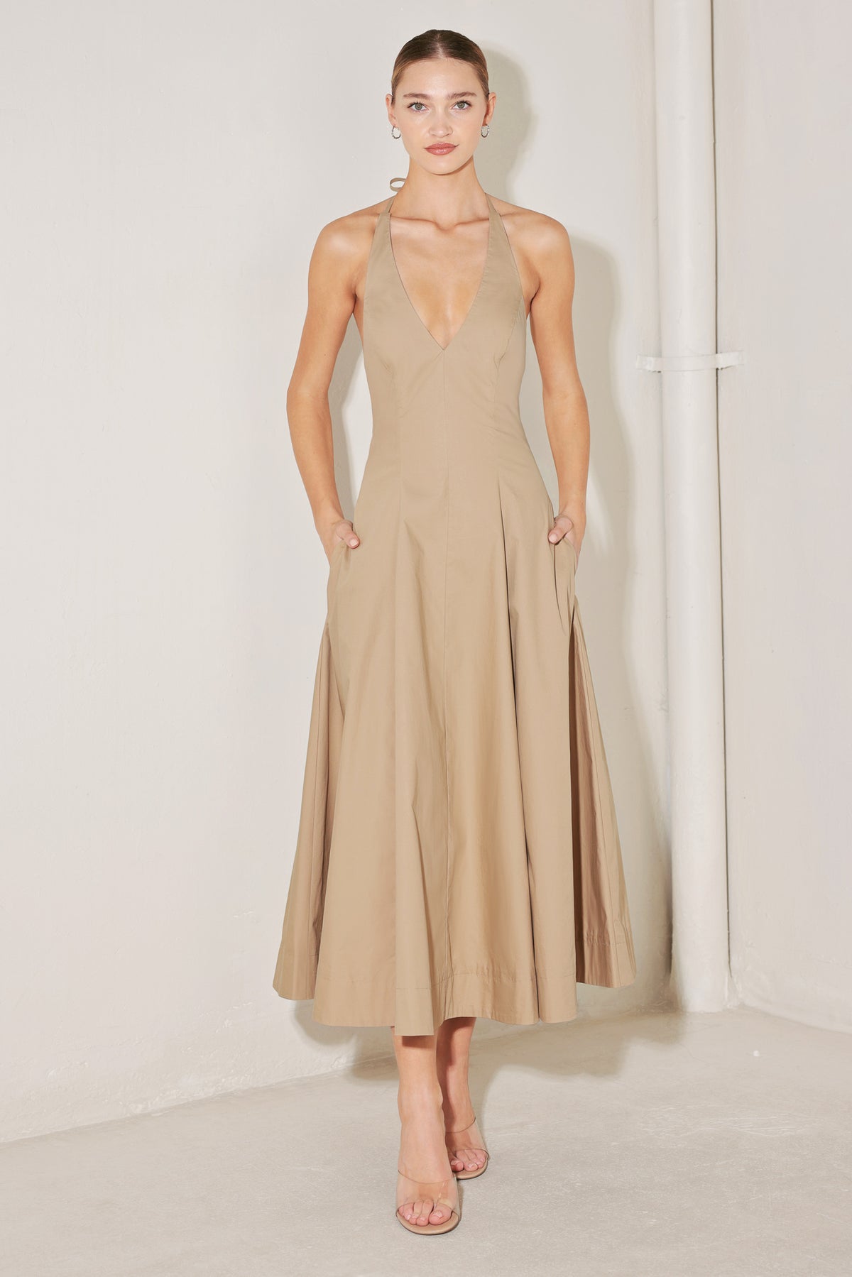 Sand Halter V Neck Midi Length Woven Casual Dress with Open Back Flying Tomato FD1988