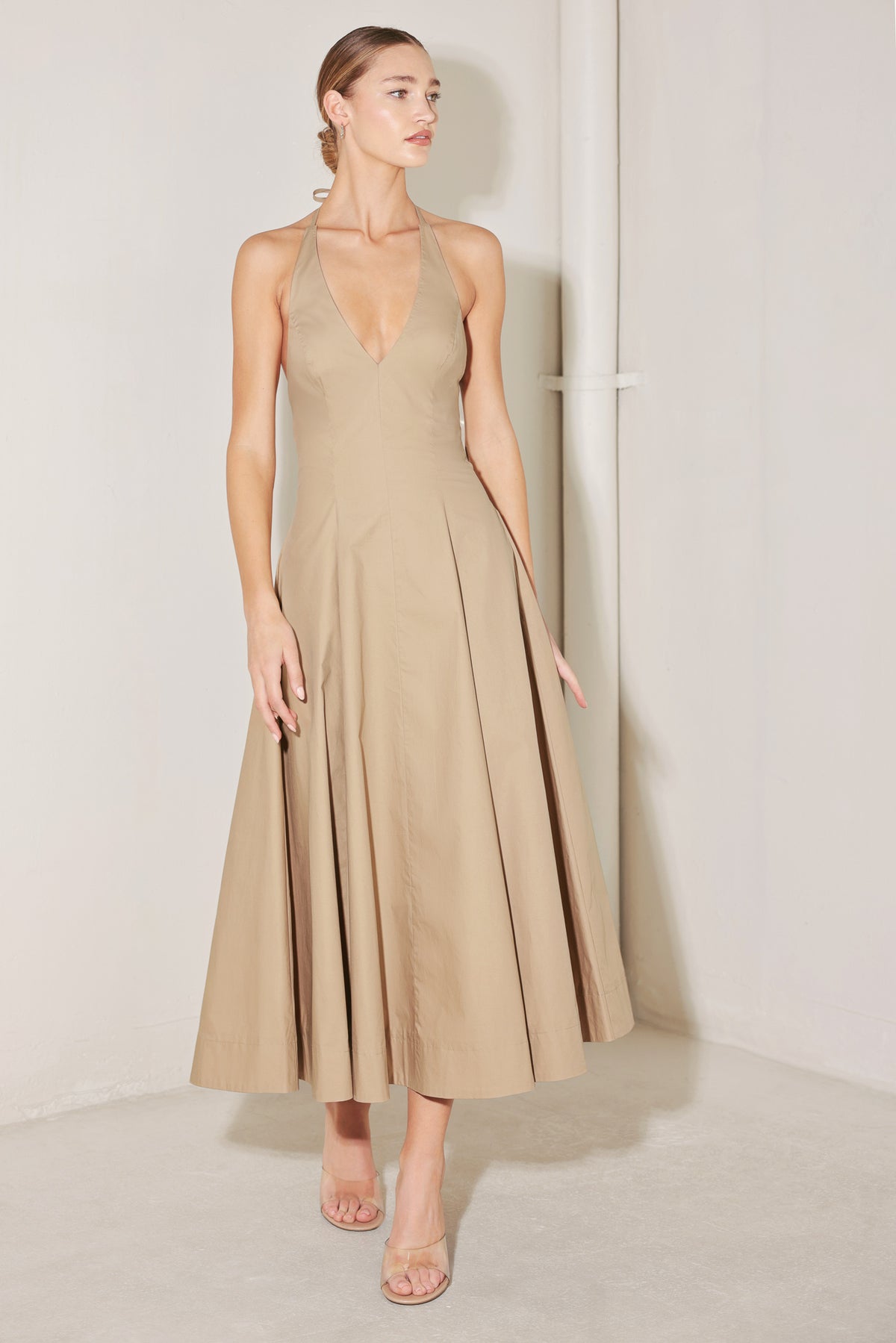 Sand Halter V Neck Midi Length Woven Casual Dress with Open Back Flying Tomato FD1988
