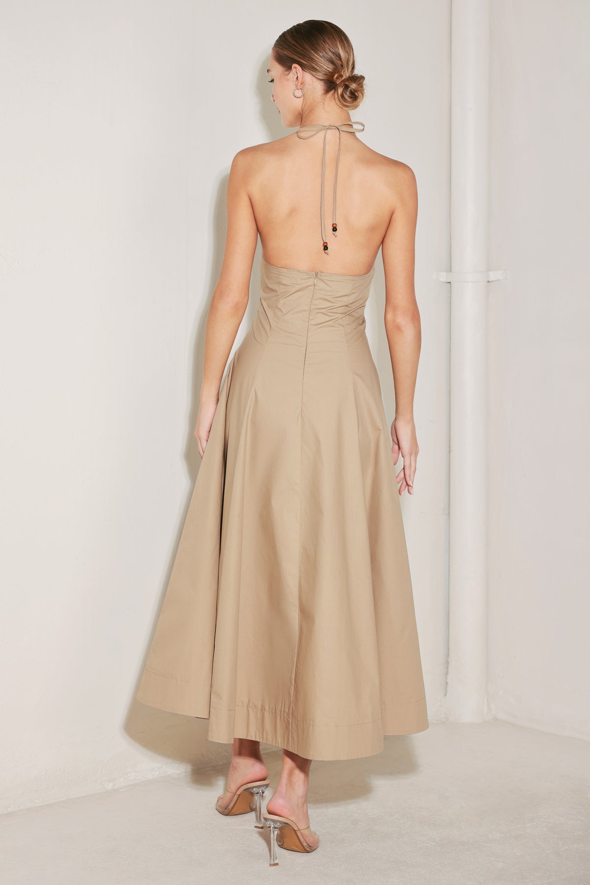 Sand Halter V Neck Midi Length Woven Casual Dress with Open Back Flying Tomato FD1988