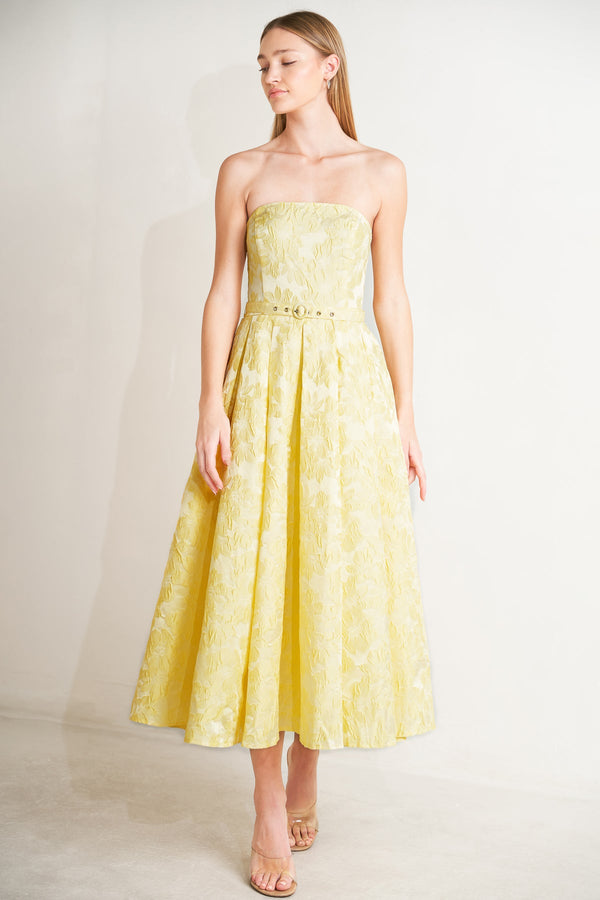 Strapless Midi Floral Jacquard Cocktail Dress with Belt and Circle Skirt Flying Tomato FD2003