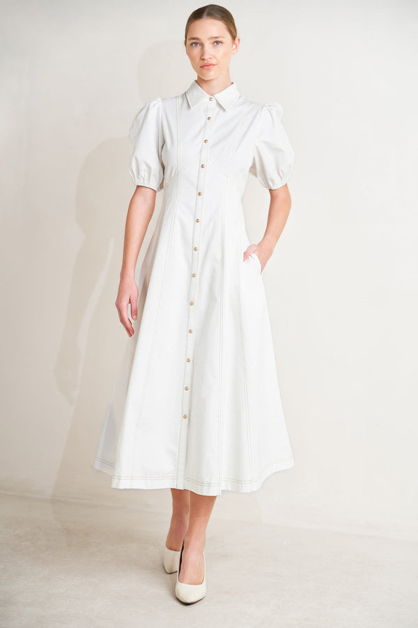 Collared Midi Cotton Shirt Cocktail Dress Puff Sleeve Button Front Fit and Flare Dress Flying Tomato FD2006