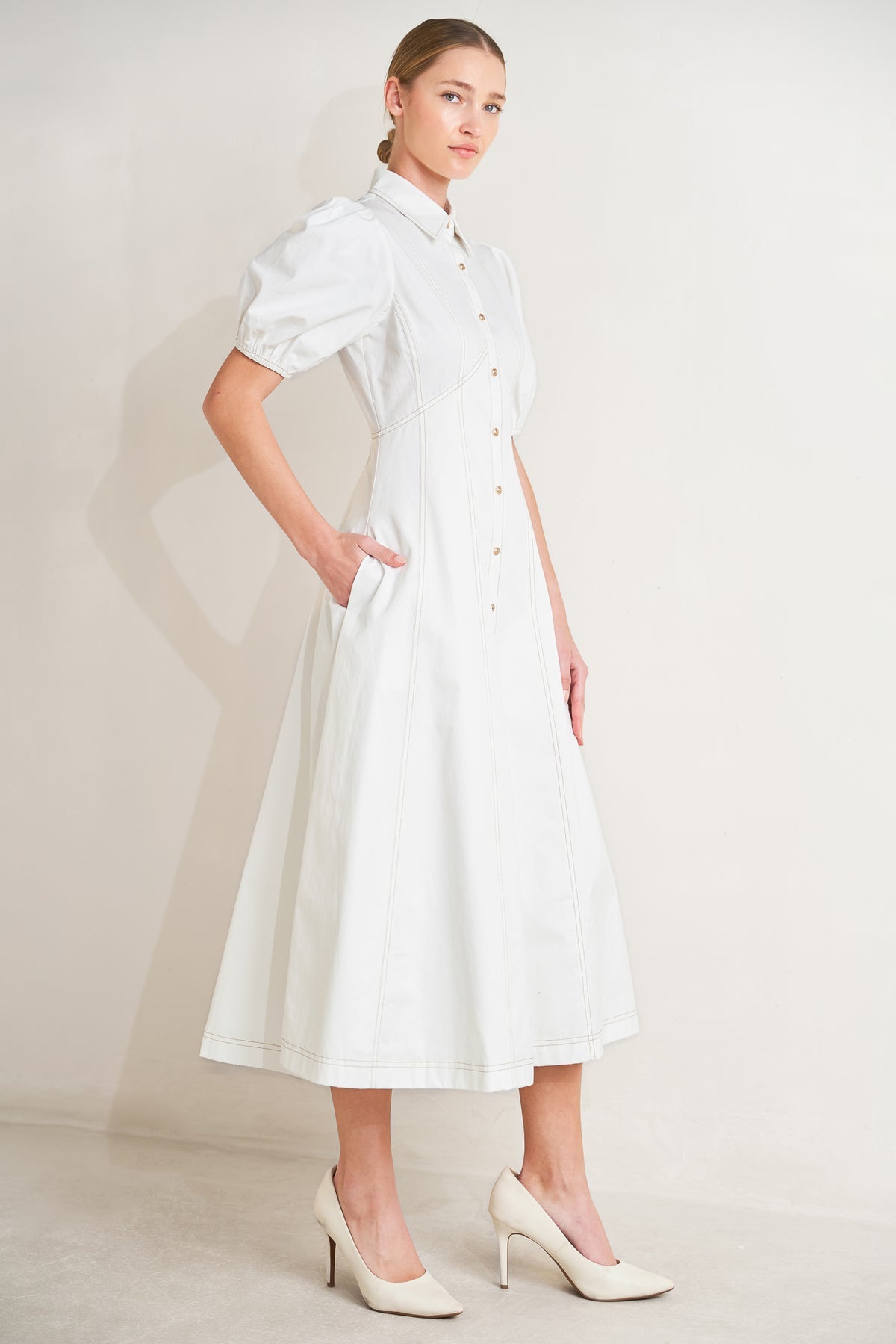 Off White Collared Midi Cotton Shirt Cocktail Dress Puff Sleeve Button Front Fit and Flare Dress Flying Tomato FD2006