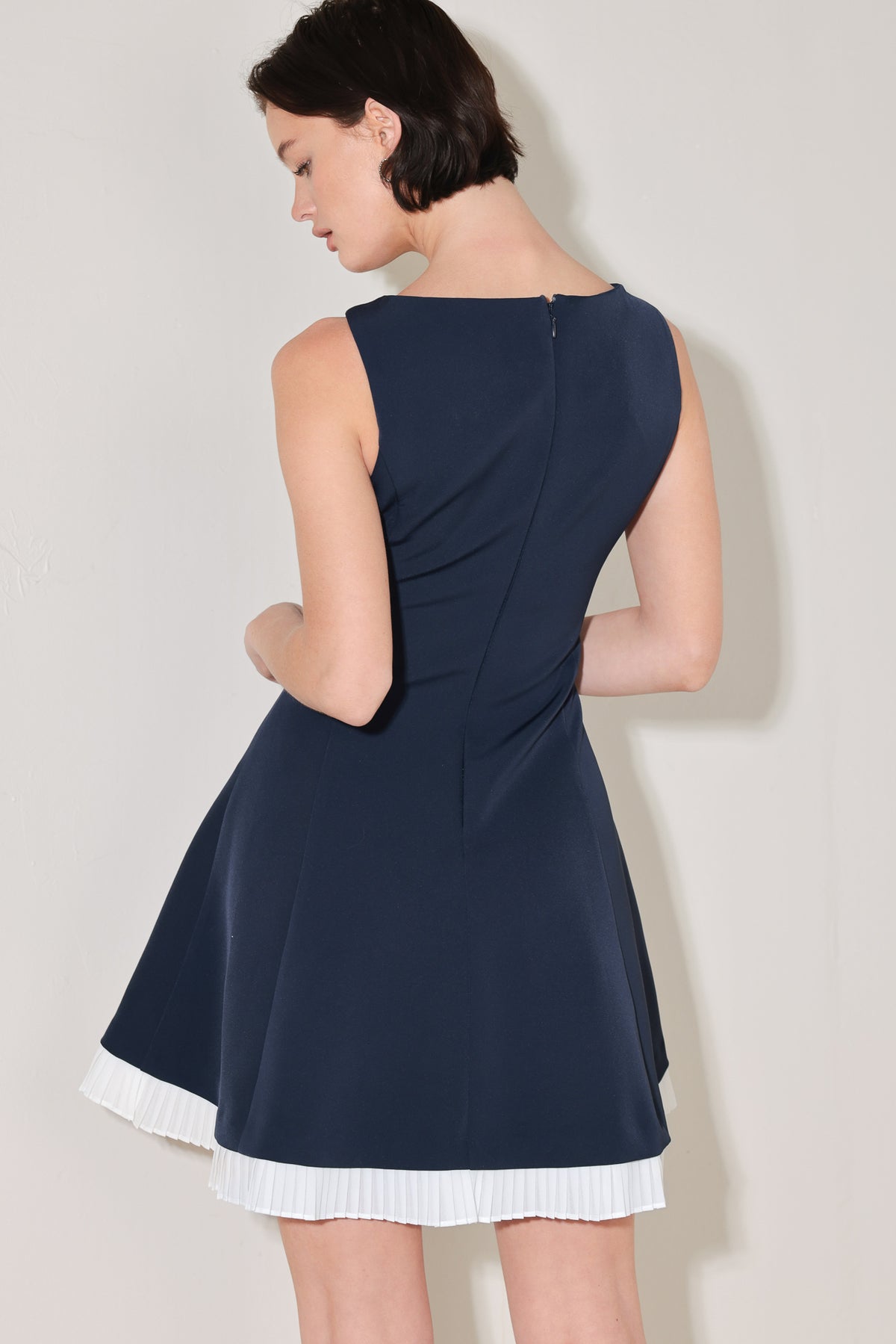 Navy/White Bateau Mini Crepe Cocktail Dress Pleated Hem Fit and Flare Mini Dress Flying Tomato FD2056
