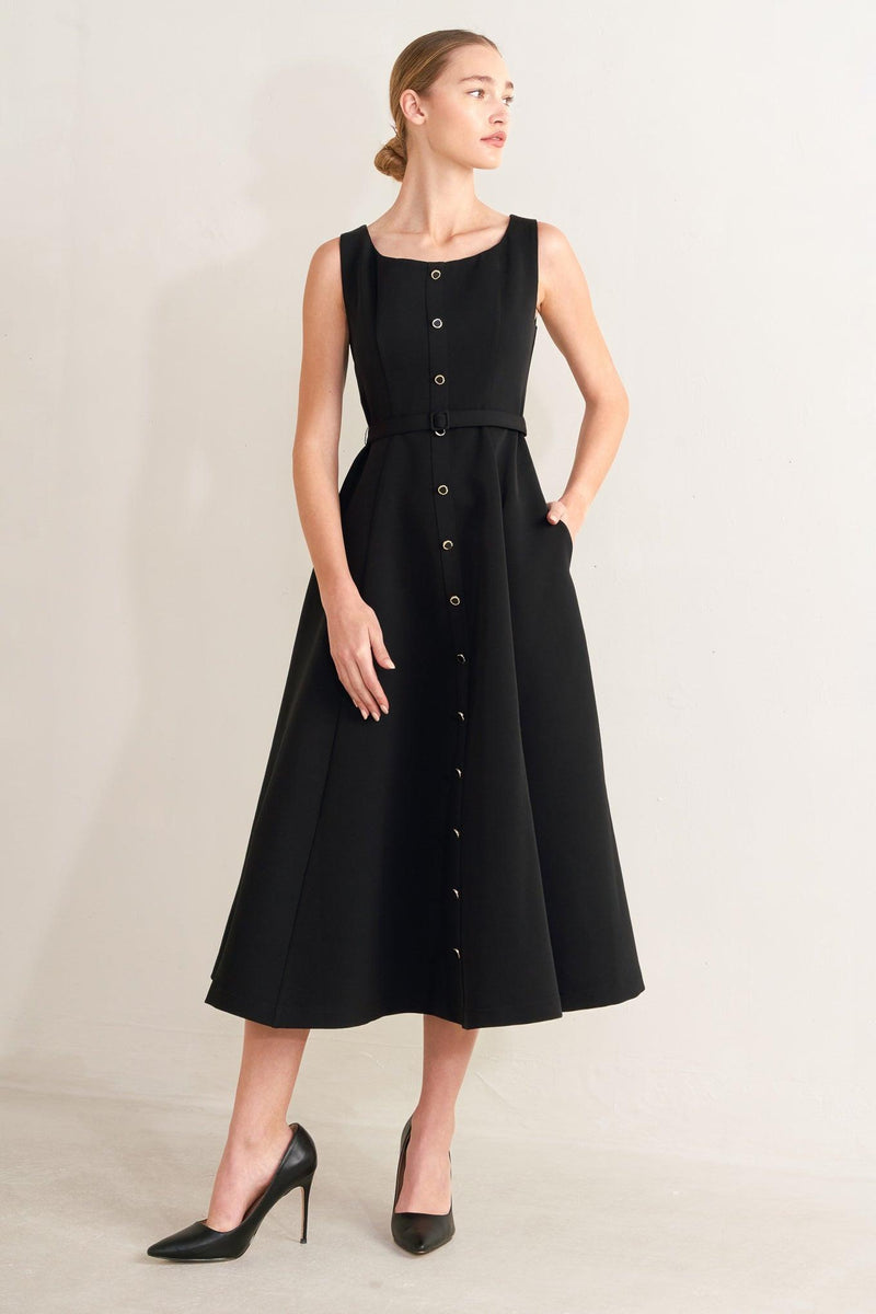 Square Neck Tea-Length Crepe Formal Fit & Flare Dress Flying Tomato FD2066