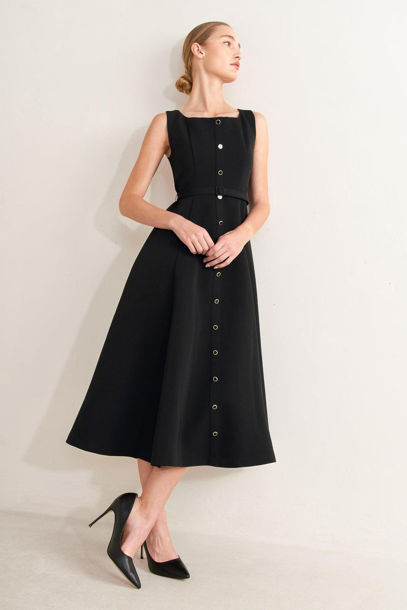Square Neck Tea-Length Crepe Formal Fit & Flare Dress Flying Tomato FD2066
