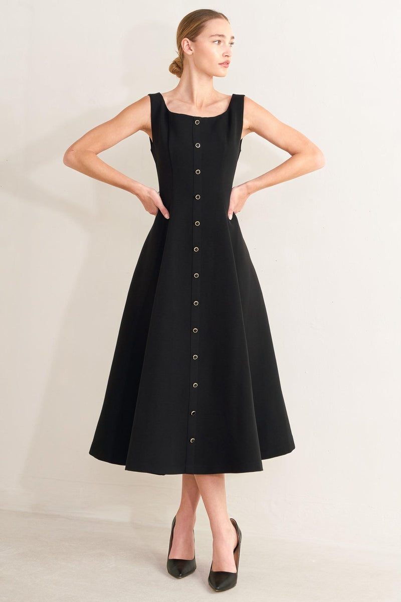 Square Neck Tea-Length Crepe Formal Fit & Flare Dress Flying Tomato FD2066