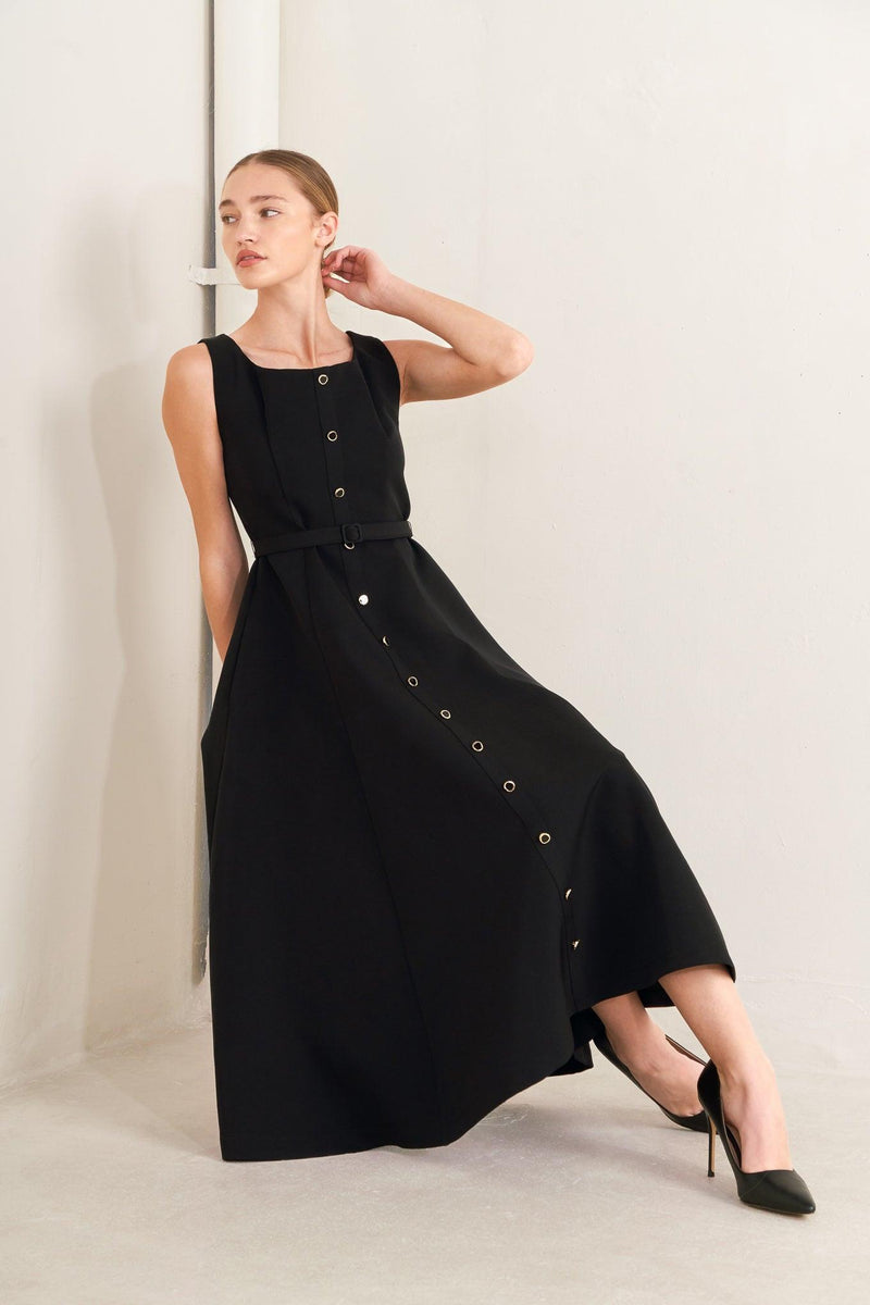 Square Neck Tea-Length Crepe Formal Fit & Flare Dress Flying Tomato FD2066