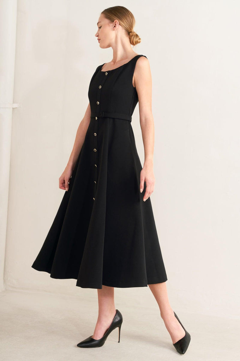 Square Neck Tea-Length Crepe Formal Fit & Flare Dress Flying Tomato FD2066