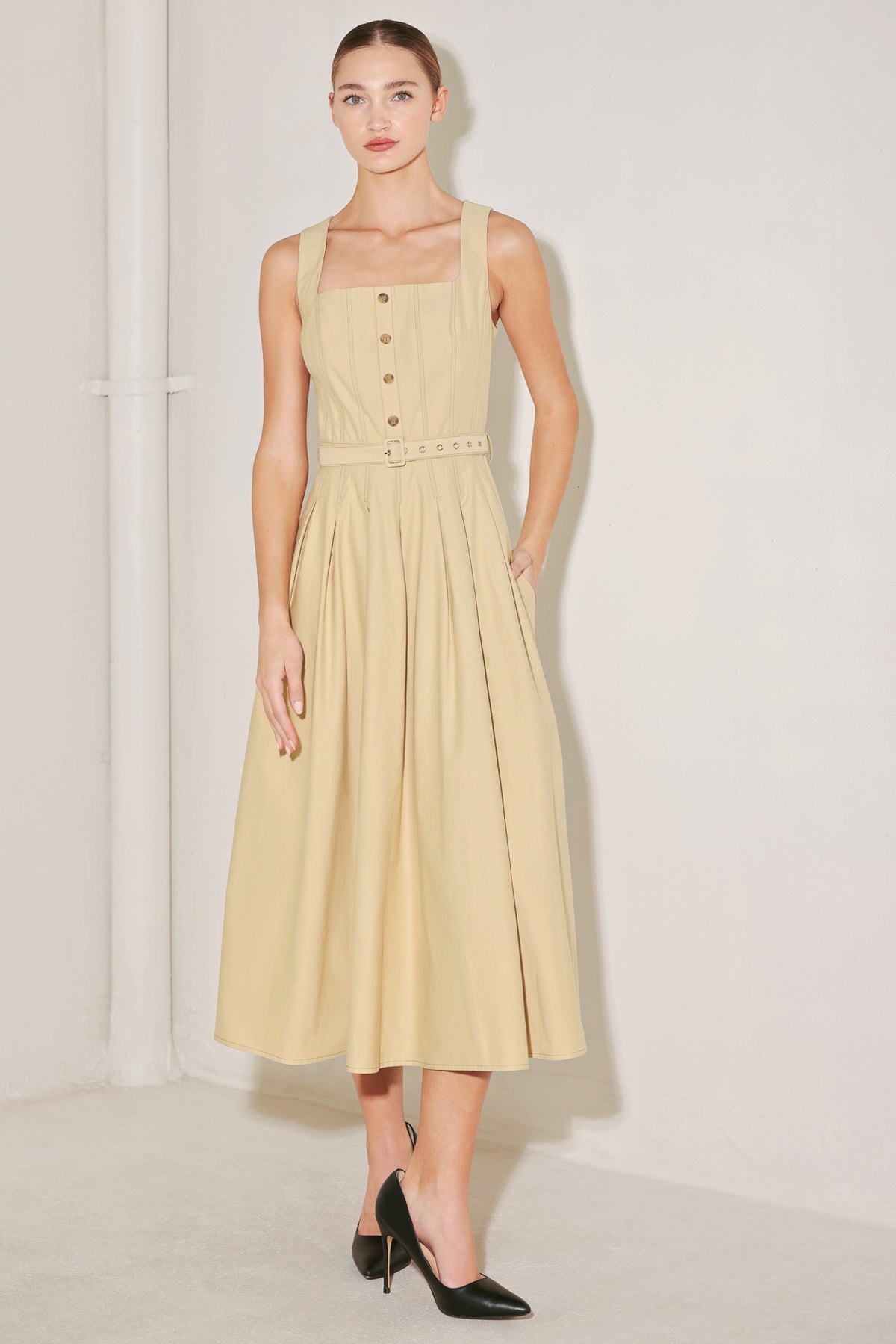 Khaki Square Neck Midi Length Woven Casual Dress with Belt Detail Flying Tomato FD2099