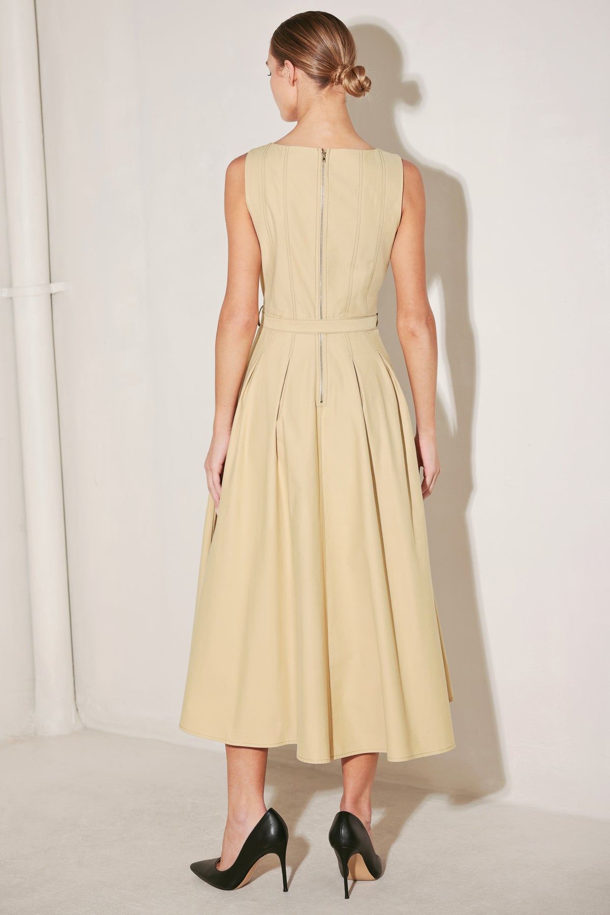 Khaki Square Neck Midi Length Woven Casual Dress with Belt Detail Flying Tomato FD2099