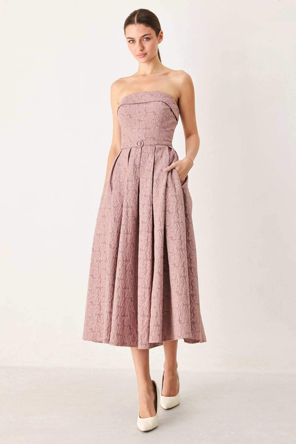Strapless Straight Neck Midi Lace Cocktail A-Line Flying Tomato FD2134
