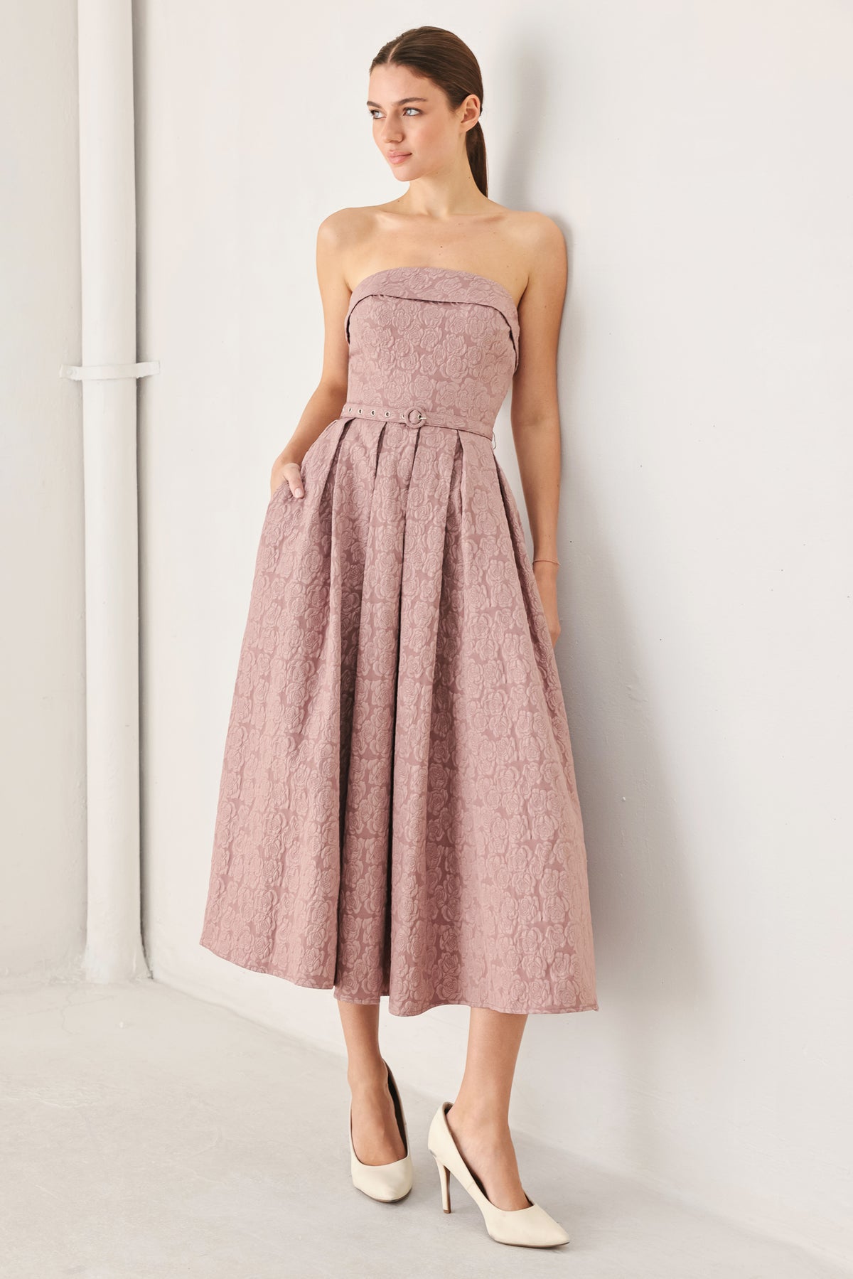 Strapless Straight Neck Midi Lace Cocktail A-Line Flying Tomato FD2134