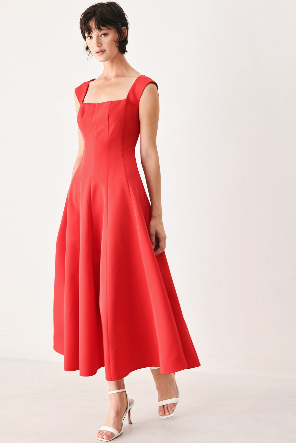 Square Tea-Length Crepe Evening A-Line Flying Tomato FD2317