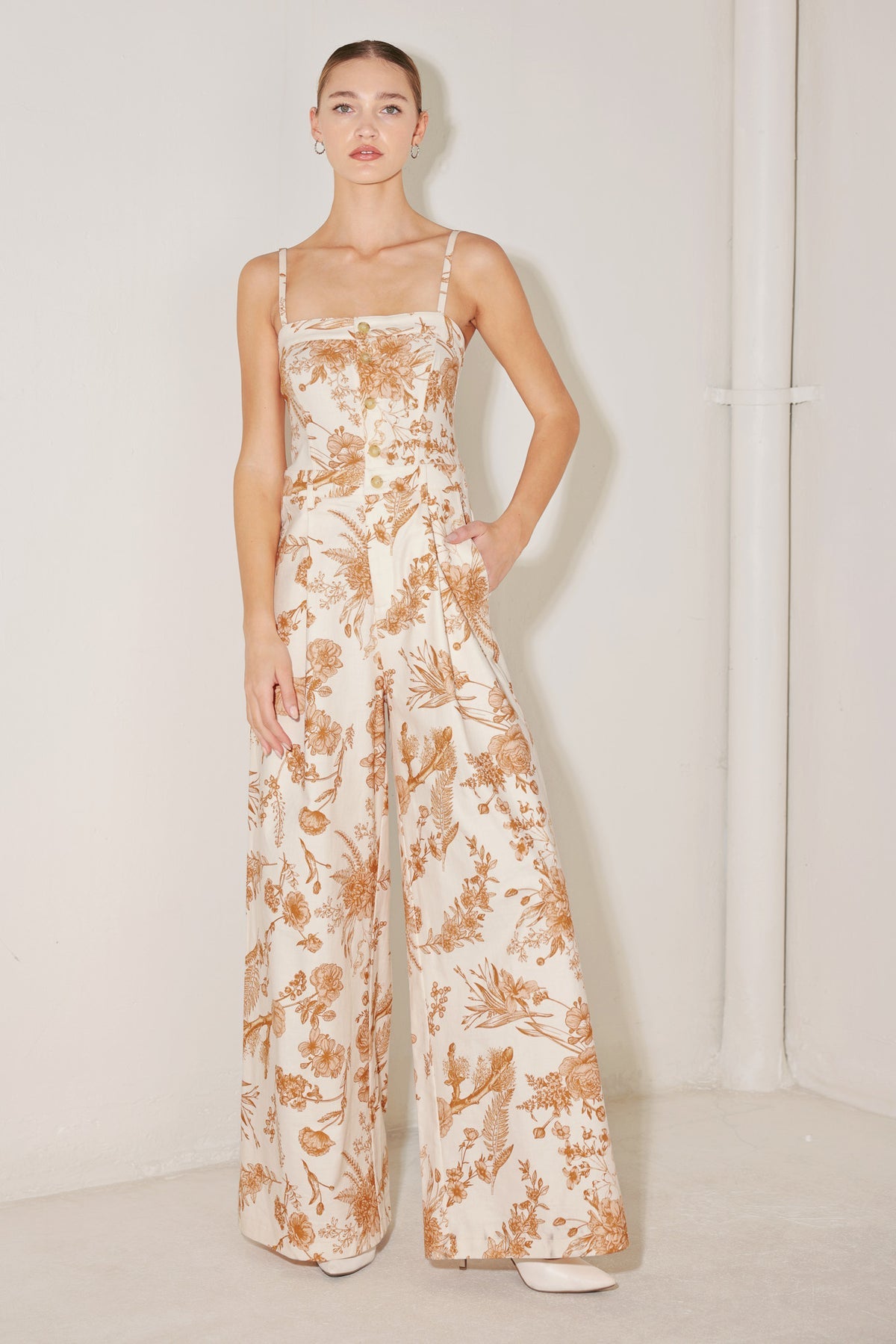 Off White Multi Straight Neck Wide Leg Printed Woven Jumpsuit with Button Front Flying Tomato FP1472