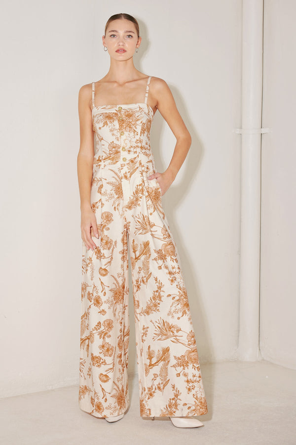 Straight Neck Wide Leg Printed Woven Jumpsuit with Button Front Flying Tomato FP1472