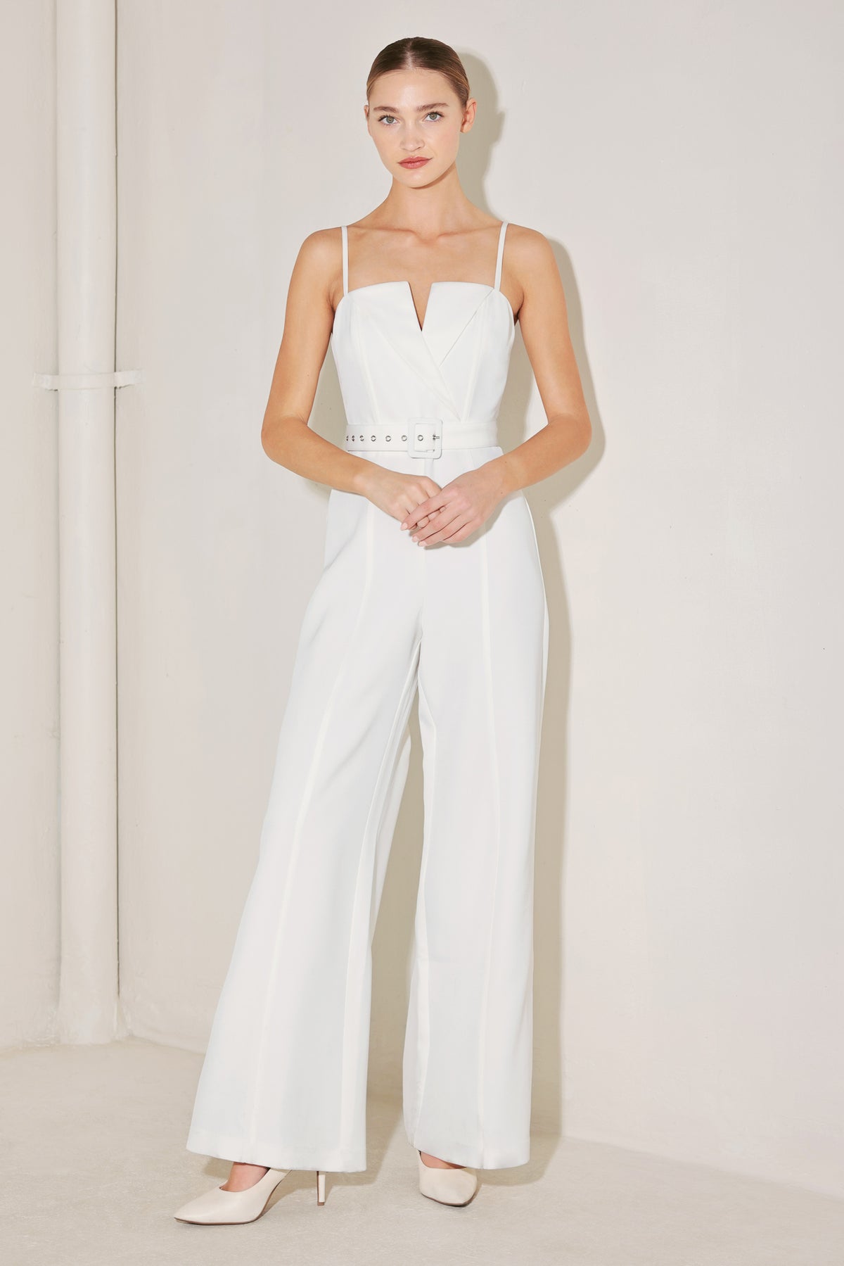 White Sweetheart Neck Wide Leg Woven Wedding Jumpsuit with Belt Detail Flying Tomato FP1753
