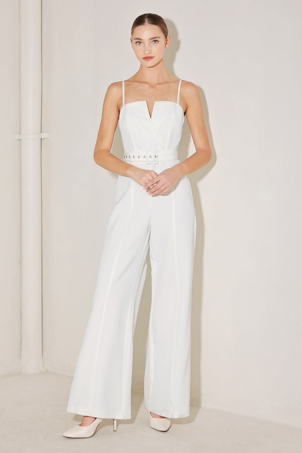 Sweetheart Neck Wide Leg Woven Wedding Jumpsuit with Belt Detail Flying Tomato FP1753