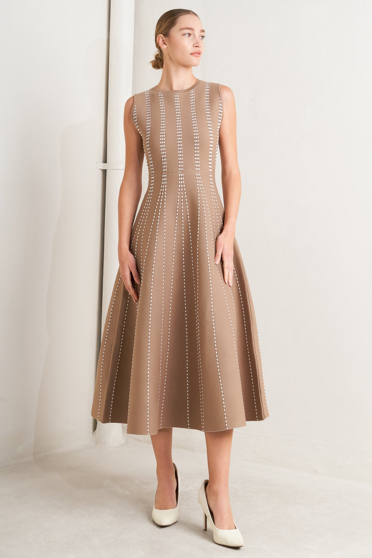 Mocha/White Crew Neck Midi Knit Cocktail Dress with Vertical Pattern Flying Tomato FSW1433