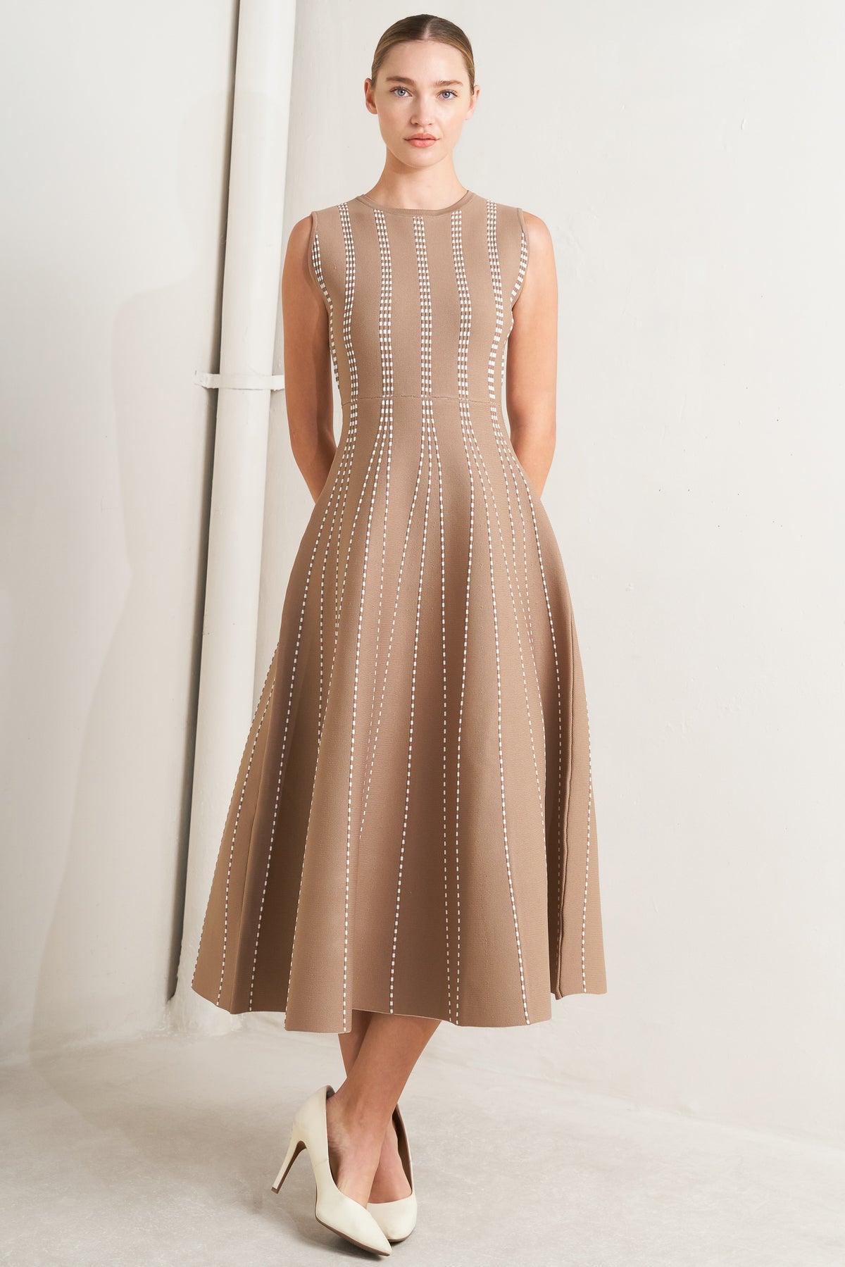 Mocha/White Crew Neck Midi Knit Cocktail Dress with Vertical Pattern Flying Tomato FSW1433
