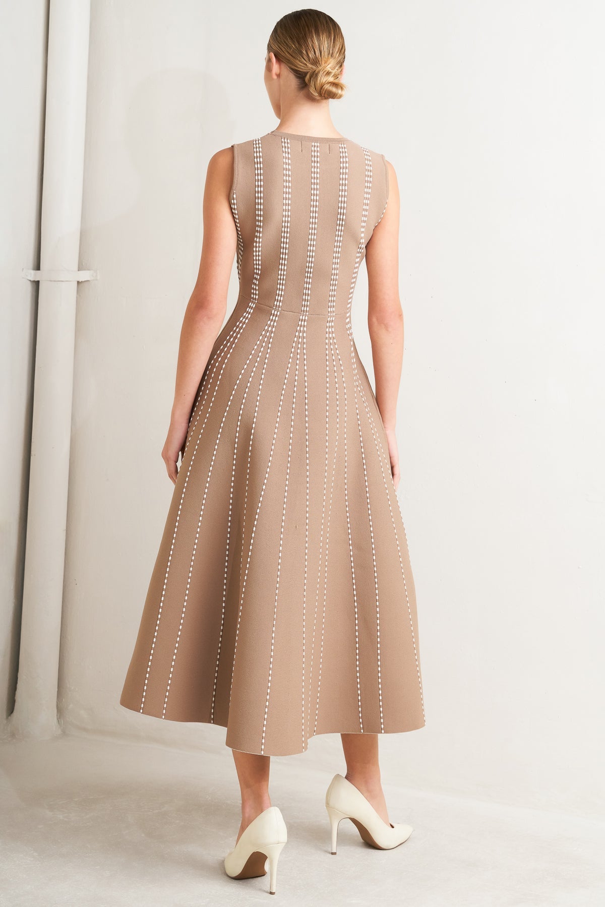 Mocha/White Crew Neck Midi Knit Cocktail Dress with Vertical Pattern Flying Tomato FSW1433