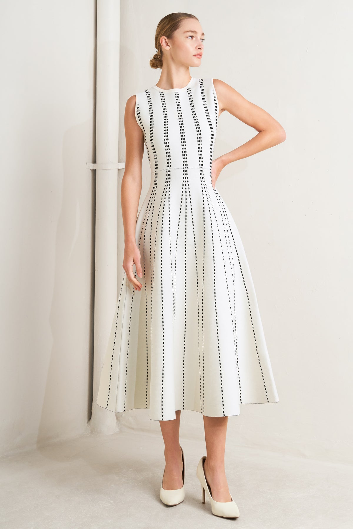 White/Black Crew Neck Midi Knit Cocktail Dress with Vertical Pattern Flying Tomato FSW1433