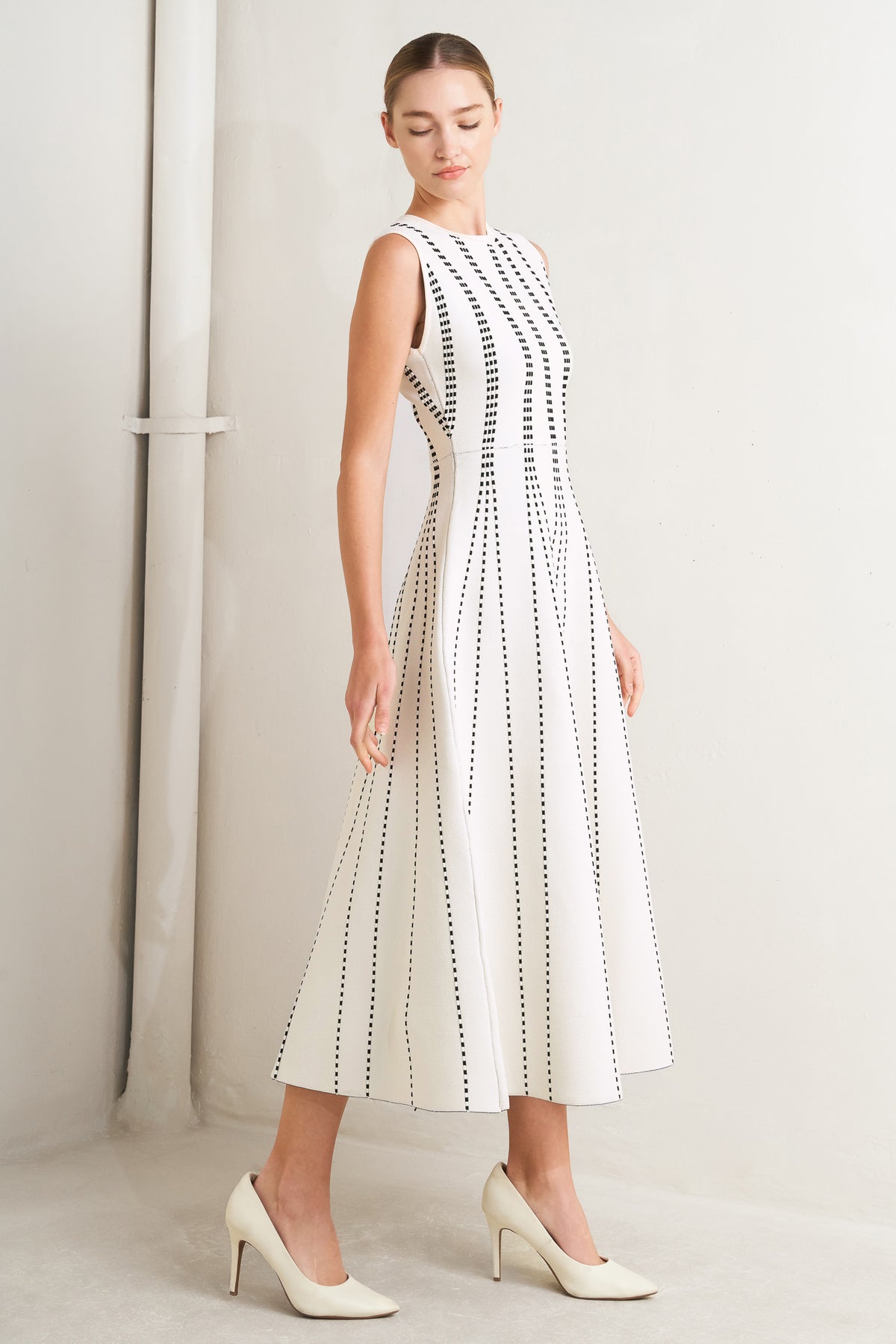 White/Black Crew Neck Midi Knit Cocktail Dress with Vertical Pattern Flying Tomato FSW1433