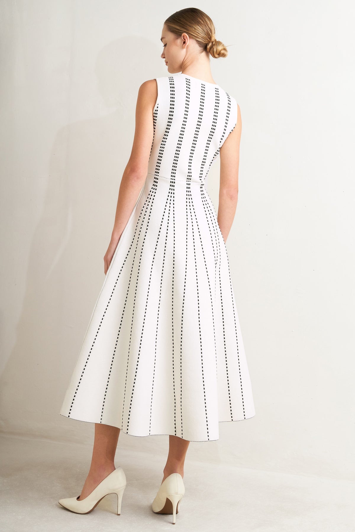 White/Black Crew Neck Midi Knit Cocktail Dress with Vertical Pattern Flying Tomato FSW1433