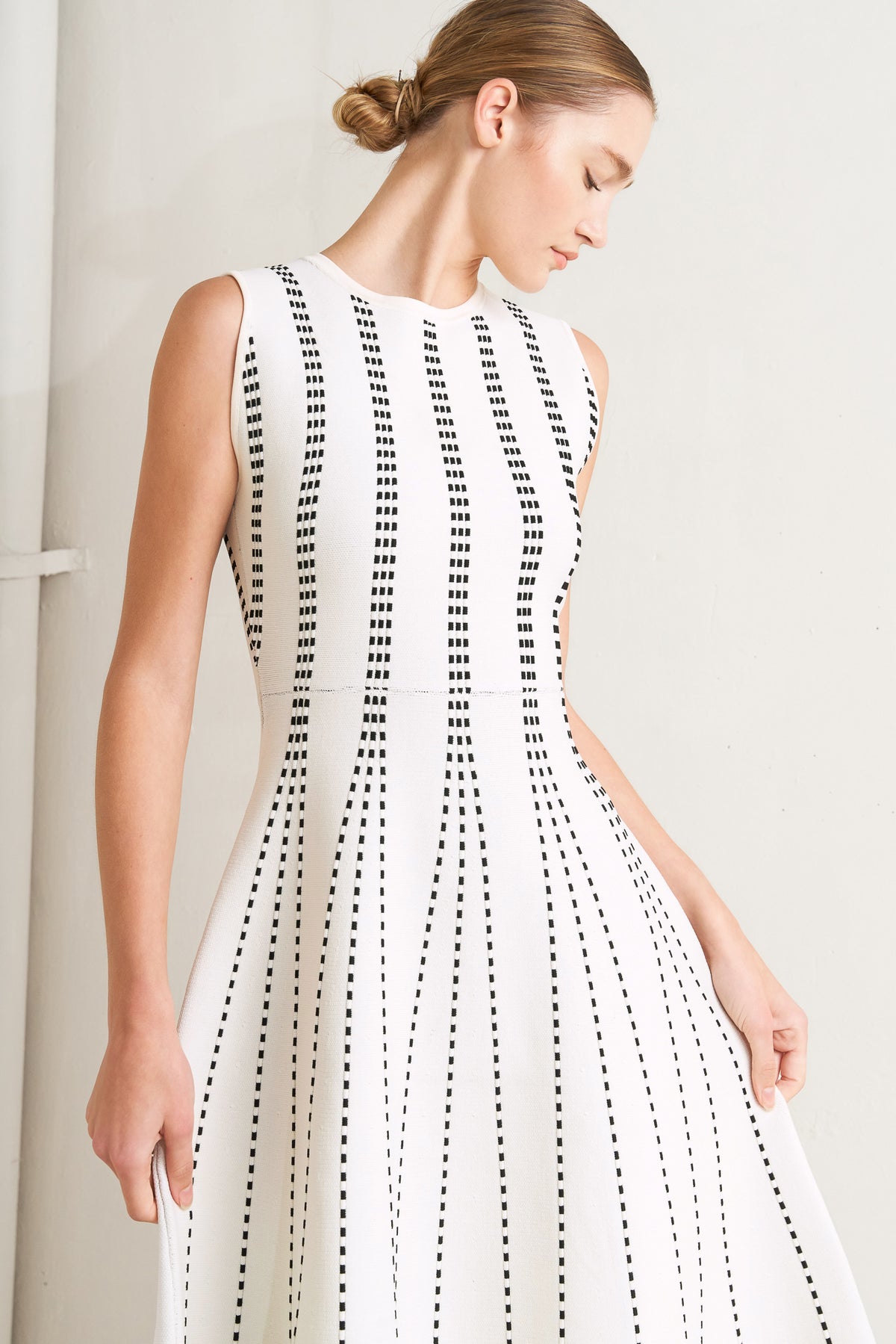 White/Black Crew Neck Midi Knit Cocktail Dress with Vertical Pattern Flying Tomato FSW1433