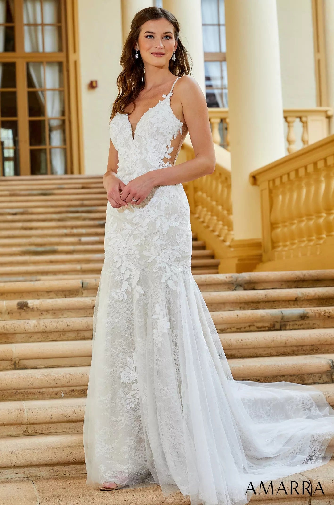 Wedding Dresses Floral Lace Long Fitted Bridal Wedding Gown Amarra 84407 Ivory/Ivory