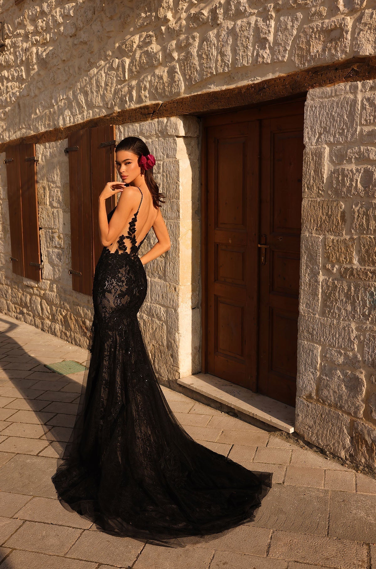 Prom Dresses Floral Lace Long Fitted Formal Prom Dress Amarra 84407 Black/Nude