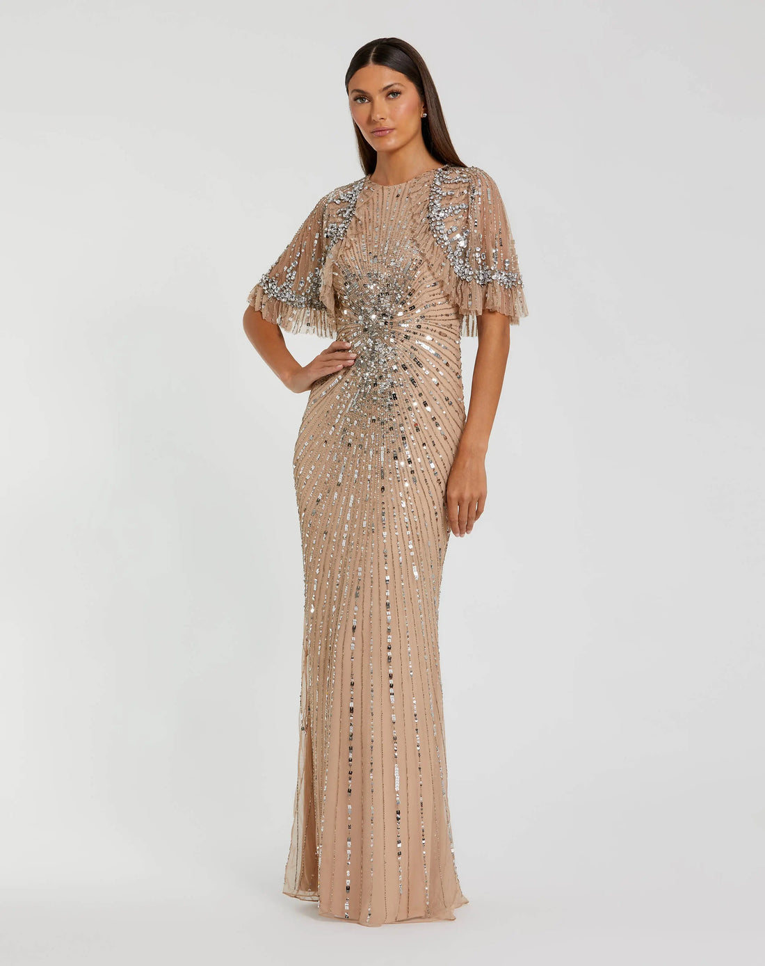 Formal DressesLong Beaded Formal Fitted Capelet Evening Dress Nude Silver
