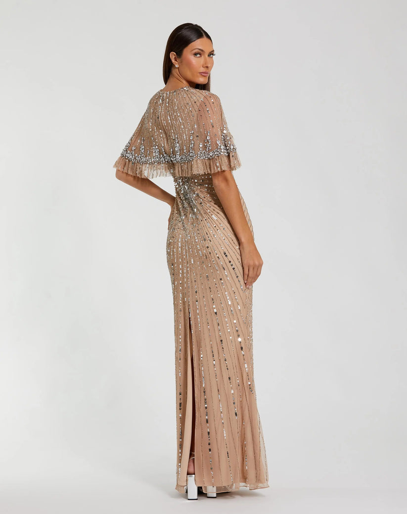 Mac Duggal 23044 Long Beaded Formal Fitted Capelet Evening Dress
