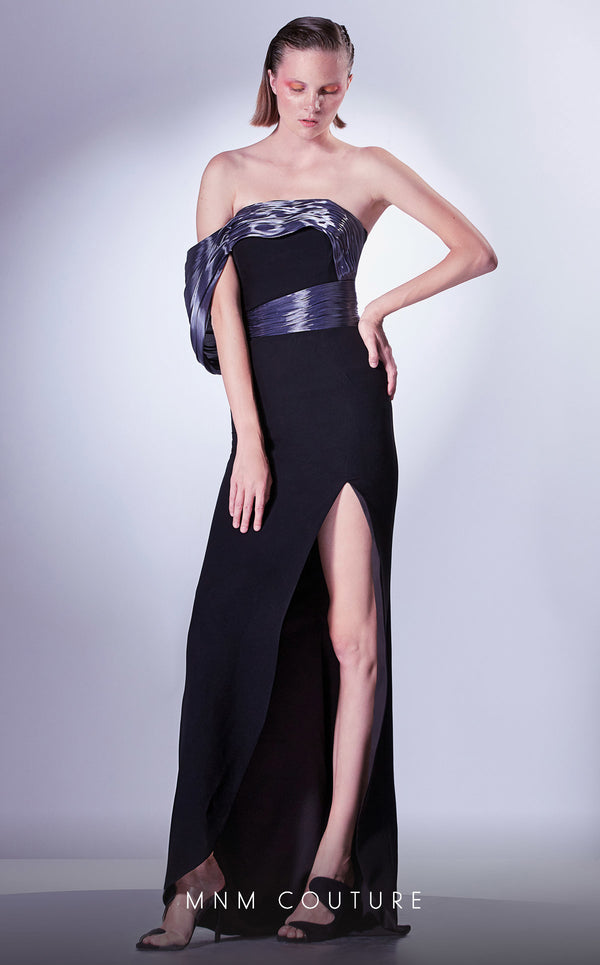 MNM Couture G1326 Pleated Long High Slit Fitted Formal Evening Dress