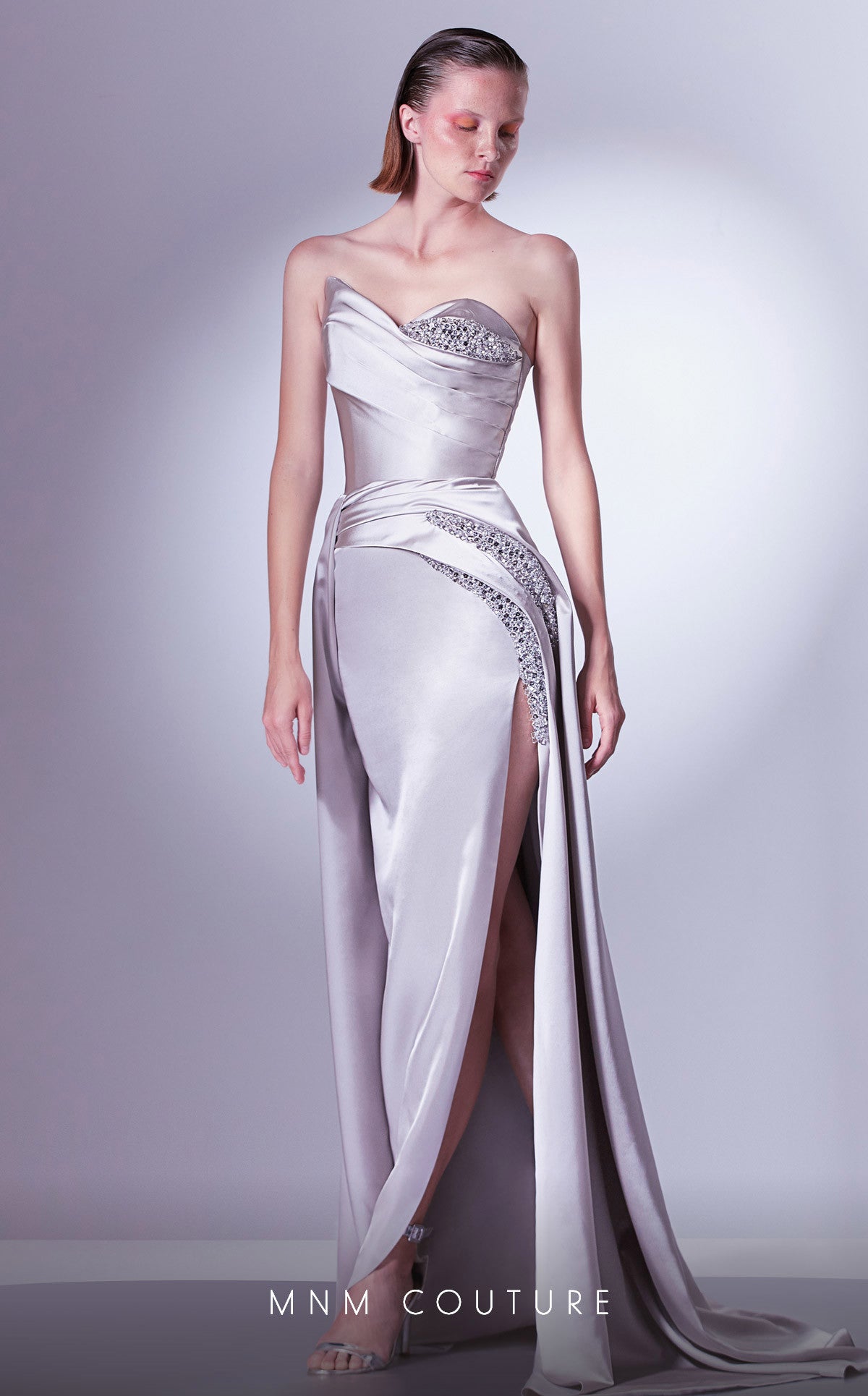 MNM Couture G1336 Beaded Slit Long Formal Corset Prom Dress