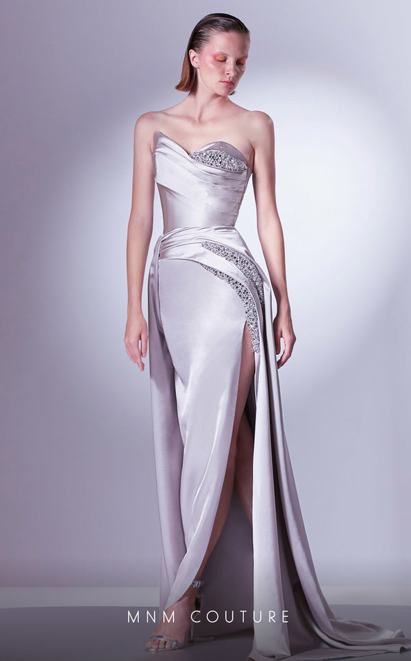 MNM Couture G1336 Beaded Slit Long Formal Corset Prom Dress
