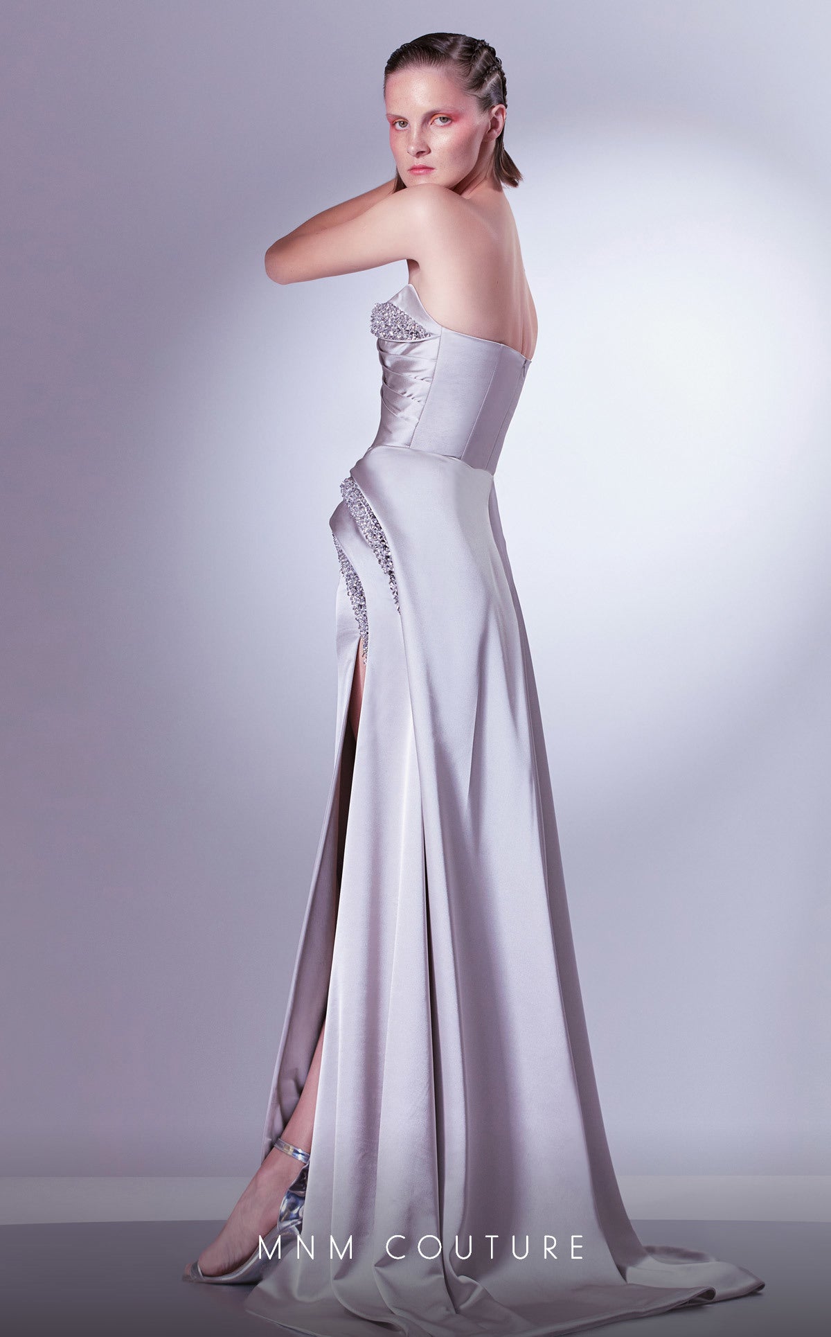 MNM Couture G1336 Beaded Slit Long Formal Corset Prom Dress