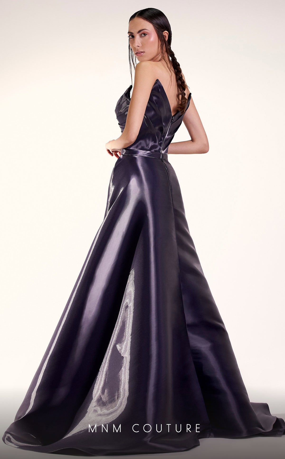MNM Couture G1419 Fitted Long Metallic Overskirt Formal Dress