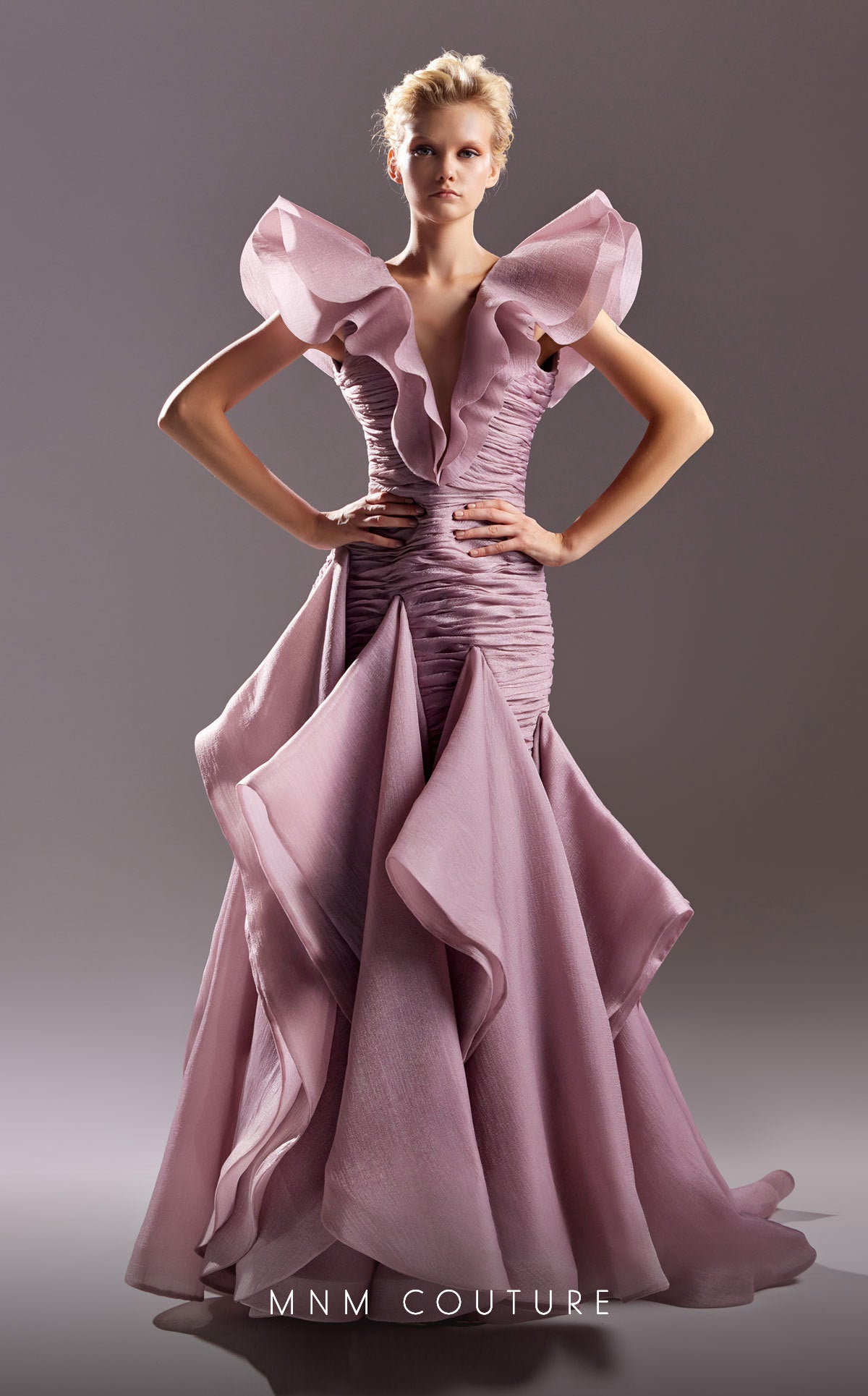 MNM Couture G1504 Fitted Ruched Long Ruffle Formal Evening Dress