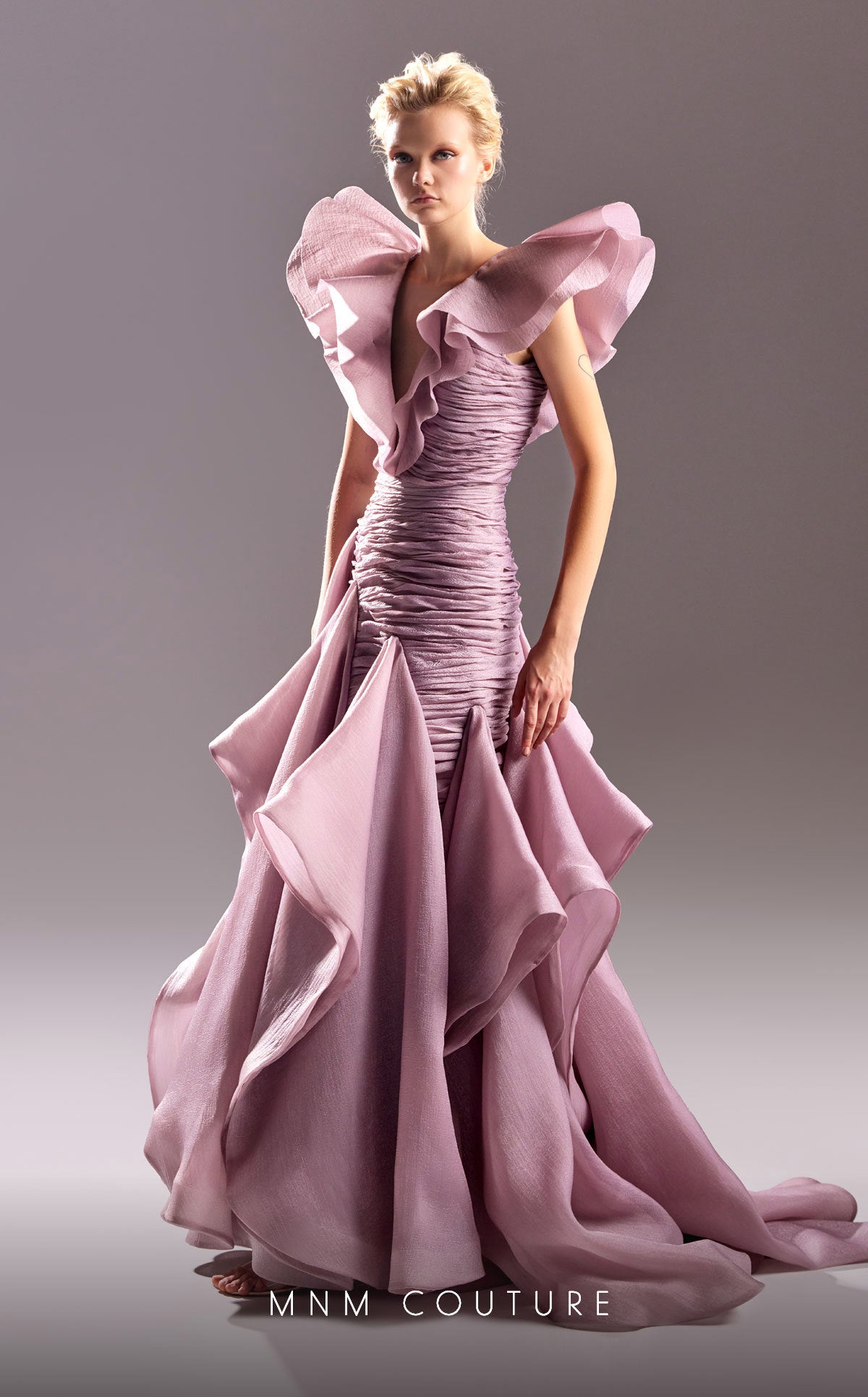 MNM Couture G1504 Fitted Ruched Long Ruffle Formal Evening Dress