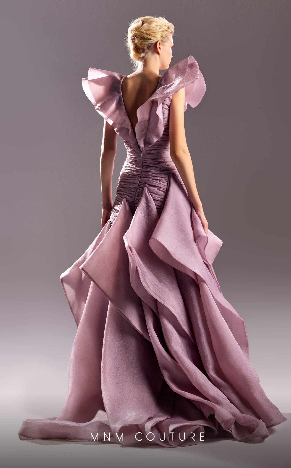 MNM Couture G1504 Fitted Ruched Long Ruffle Formal Evening Dress