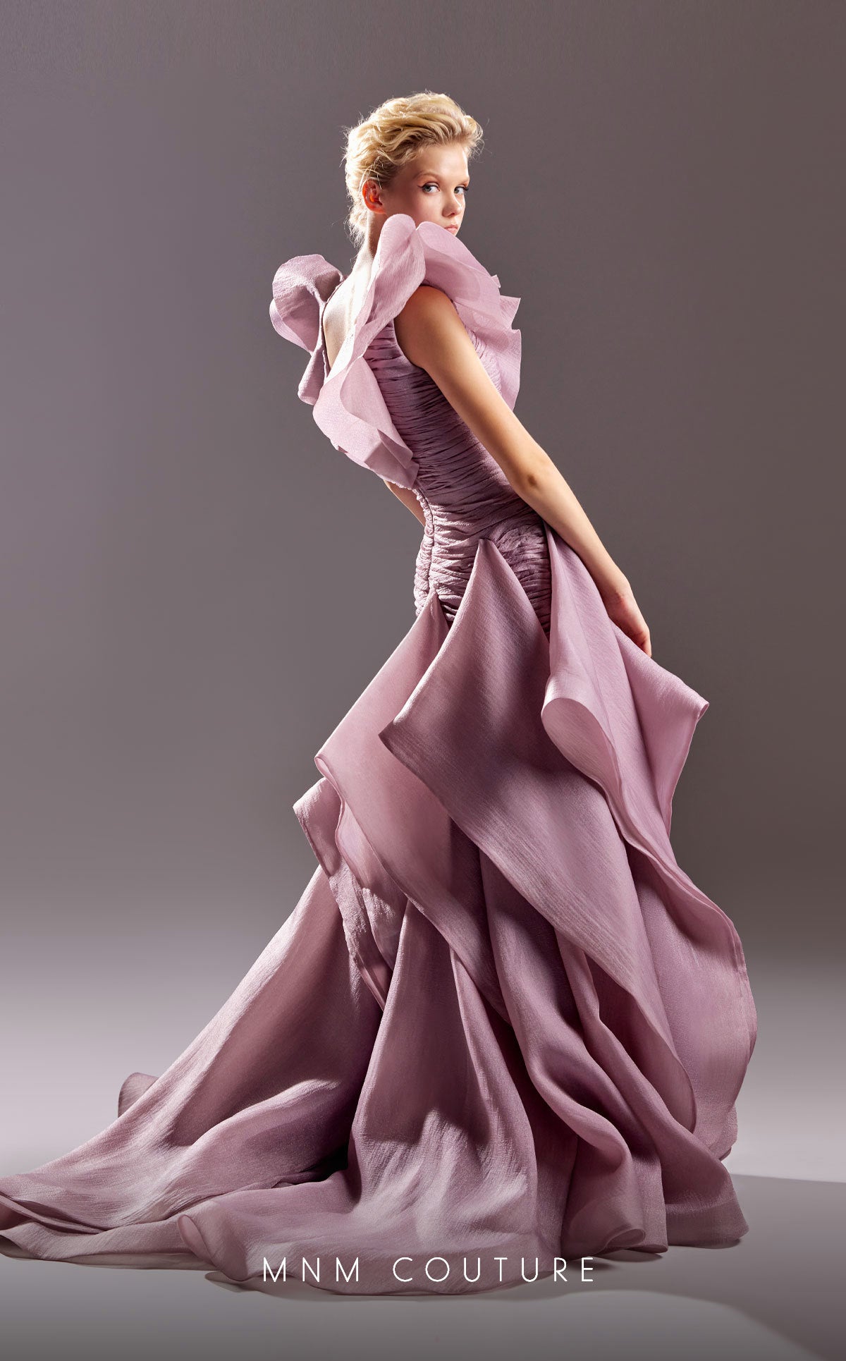 MNM Couture G1504 Fitted Ruched Long Ruffle Formal Evening Dress