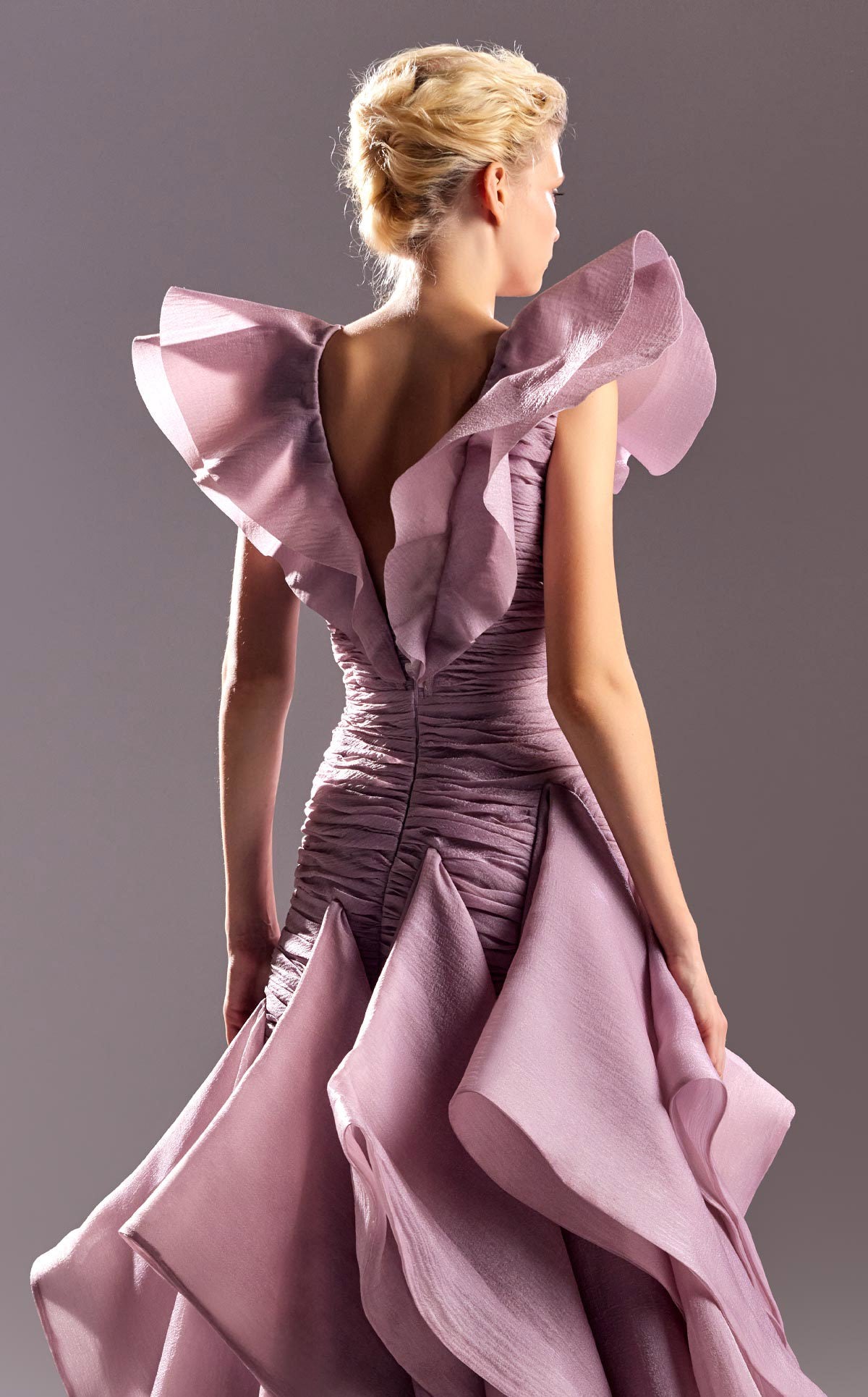 MNM Couture G1504 Fitted Ruched Long Ruffle Formal Evening Dress