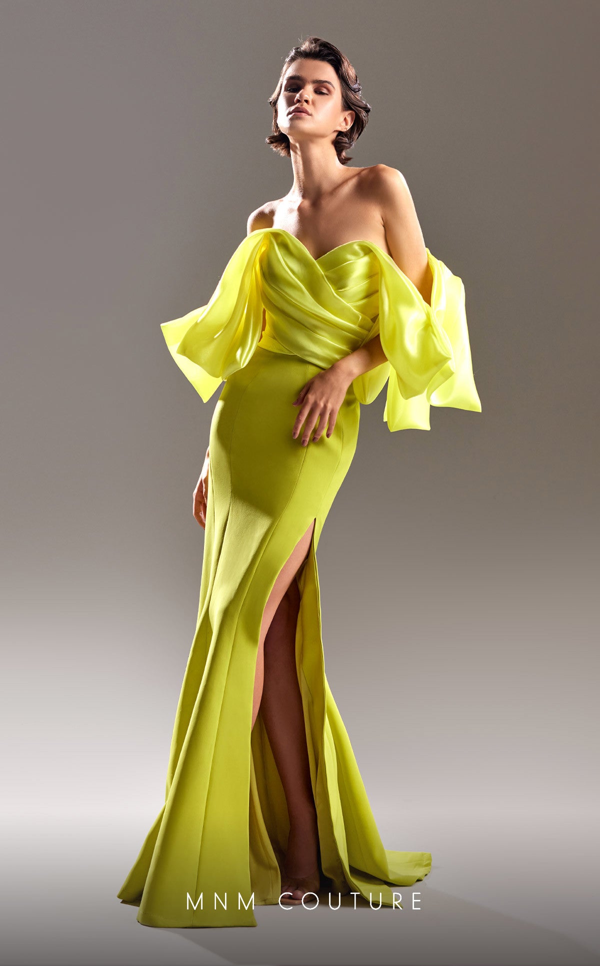 MNM Couture G1508 Long Slit Ruched Formal Evening Dress
