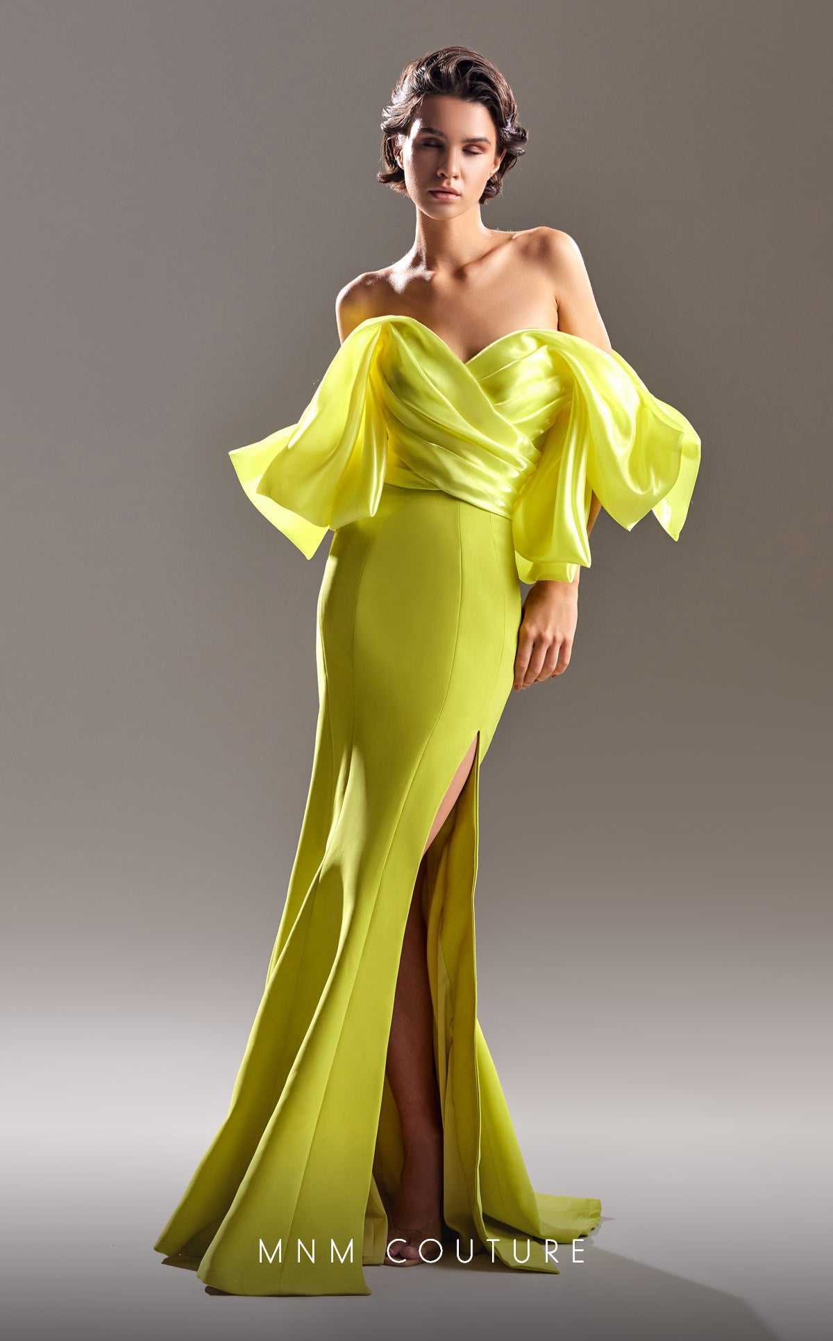 MNM Couture G1508 Long Slit Ruched Formal Evening Dress