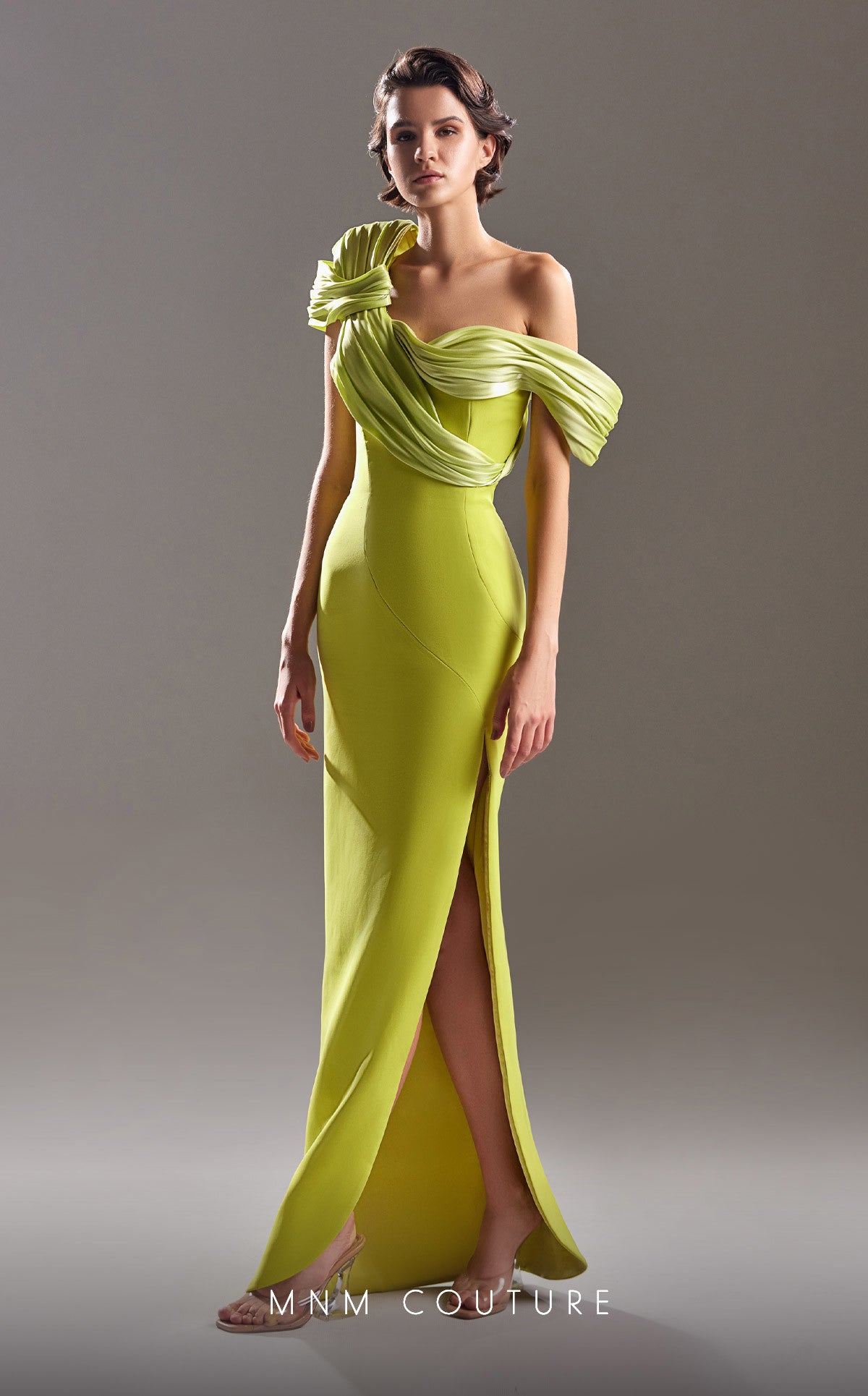 MNM Couture G1518 Fitted Ruched Long Slit Formal Dress