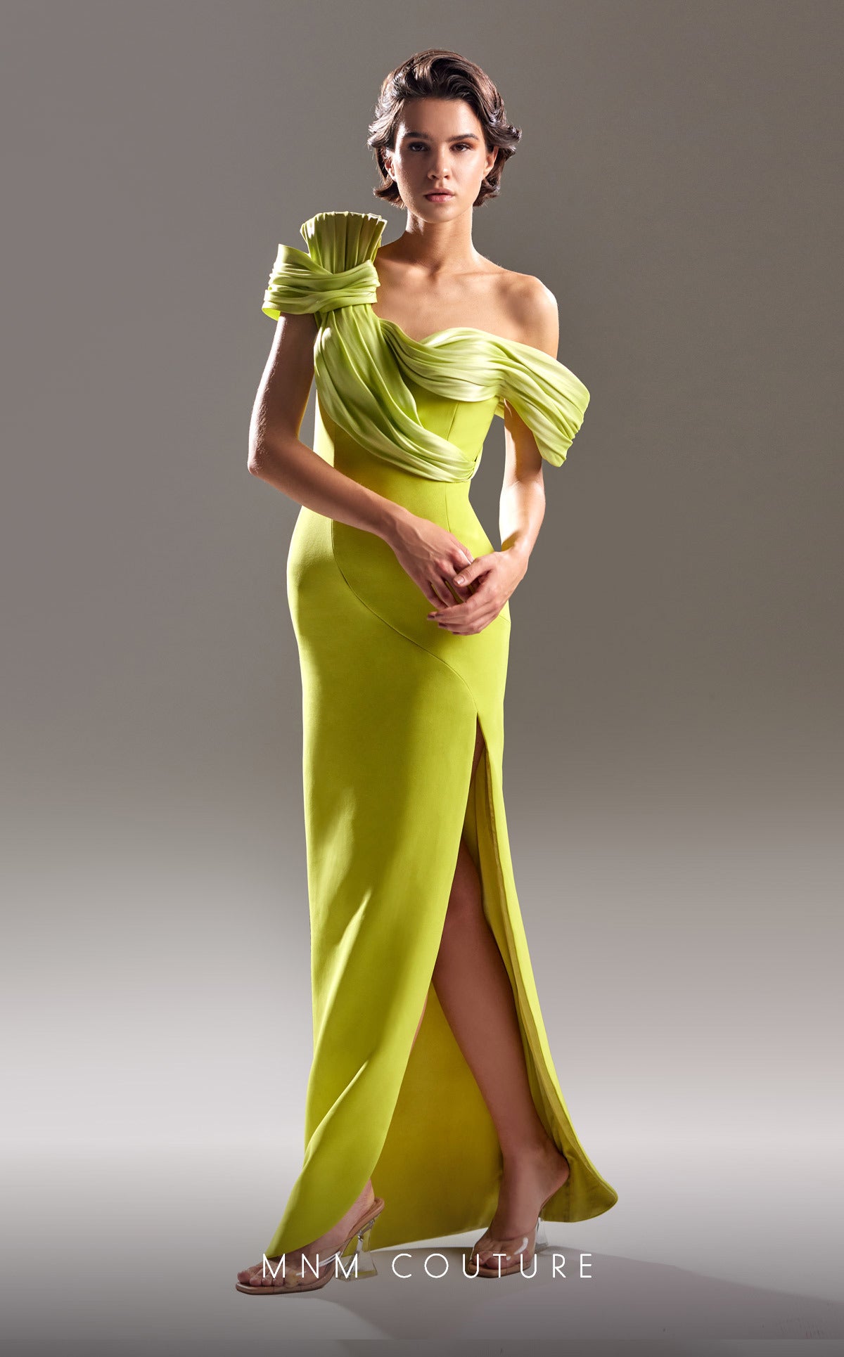 MNM Couture G1518 Fitted Ruched Long Slit Formal Dress