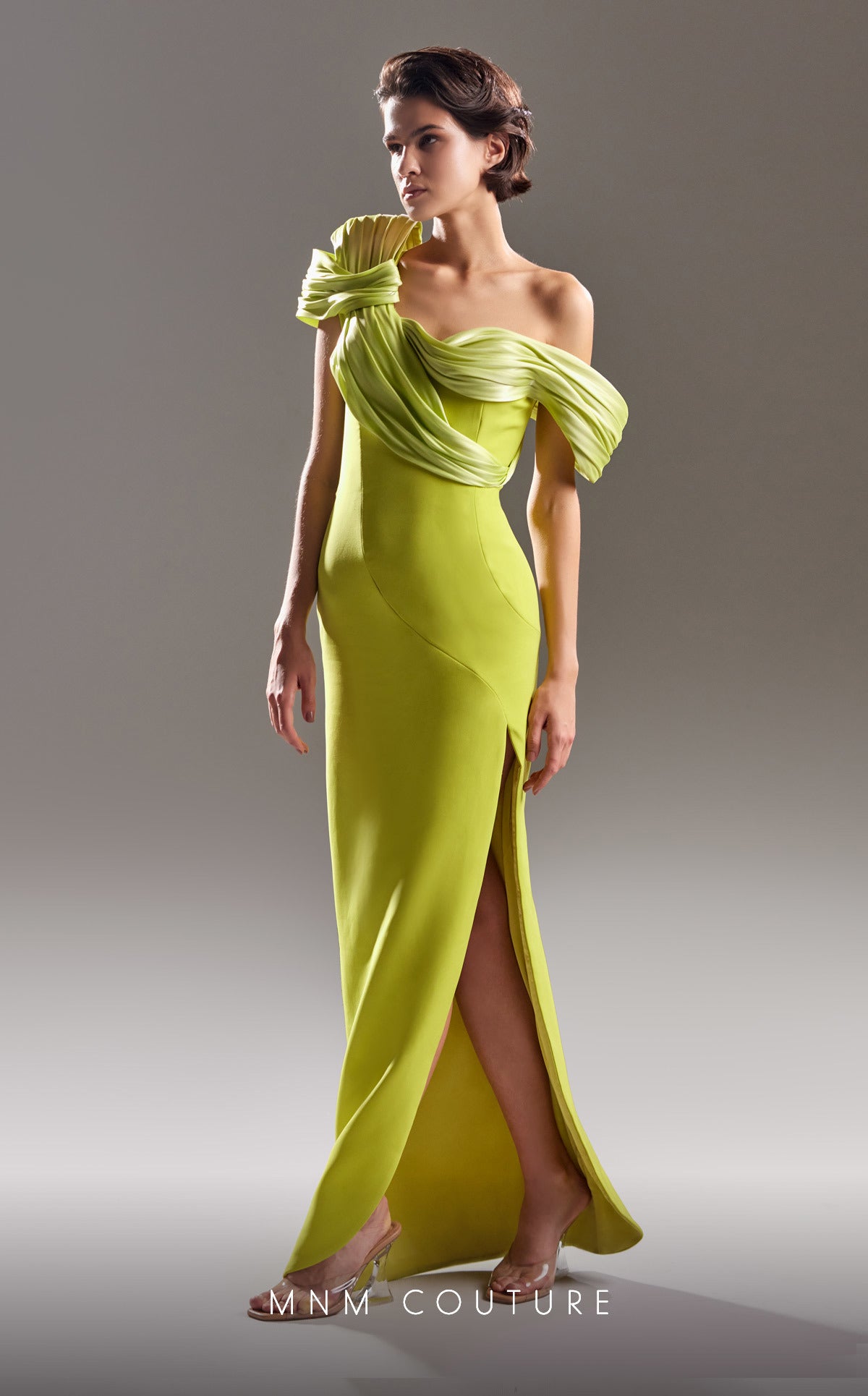 MNM Couture G1518 Fitted Ruched Long Slit Formal Dress